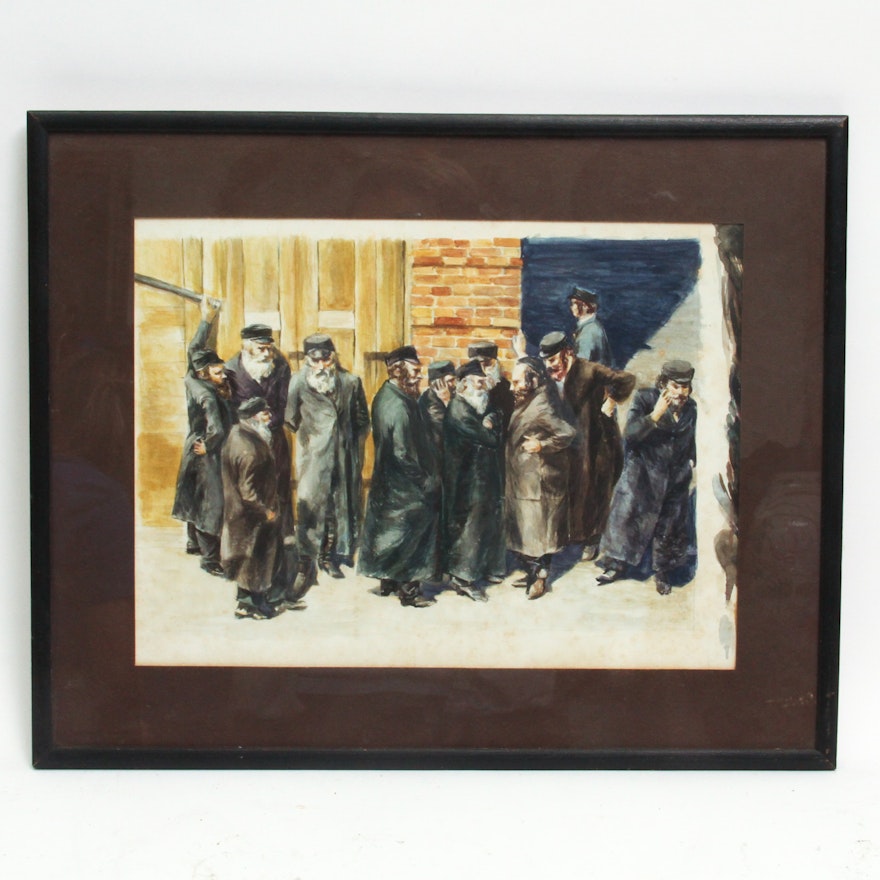 Judaica Watercolor Painting of Men