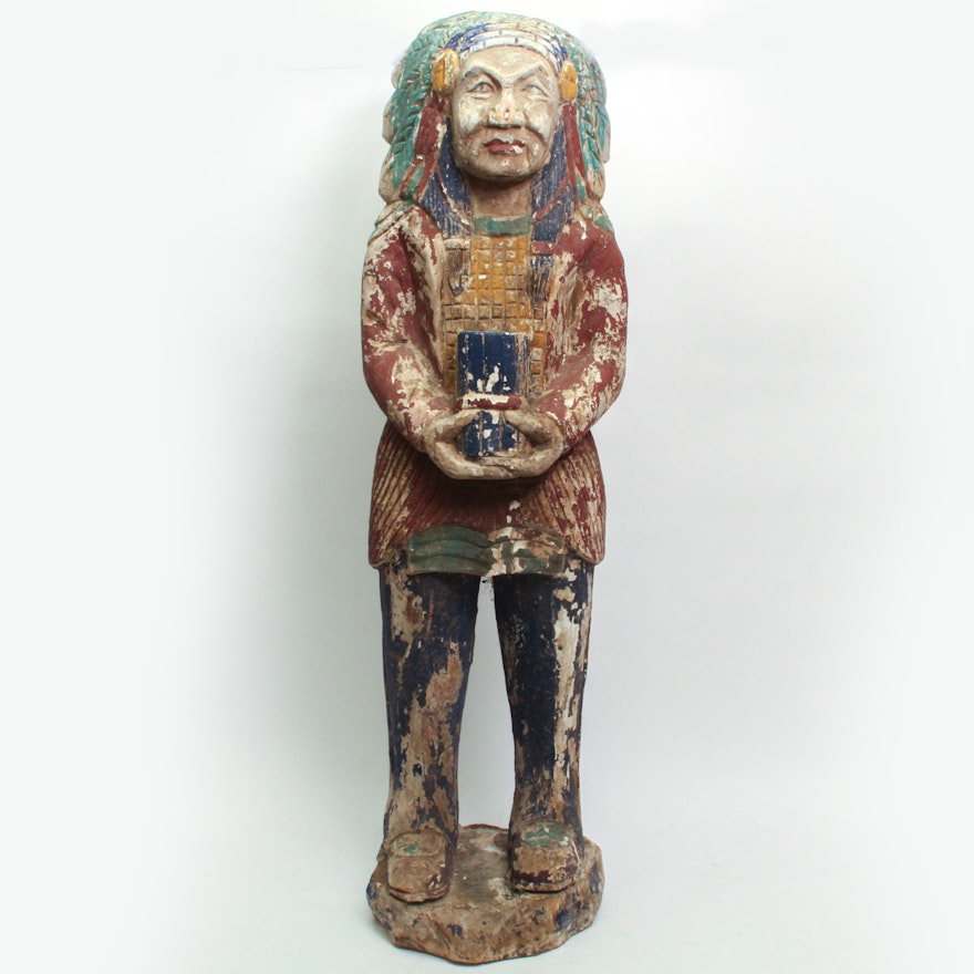 Native American Style Painted Wood Sculpture of Man with Headdress