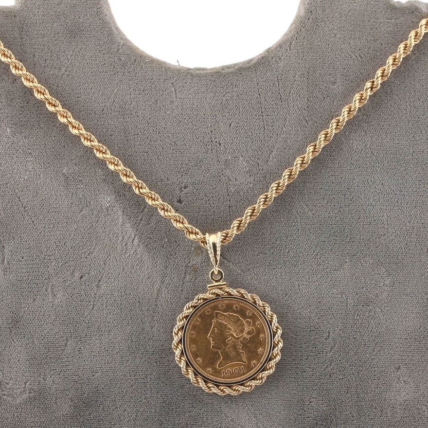 1901 $10 Liberty Head Gold Coin Pendant with Gold Necklace