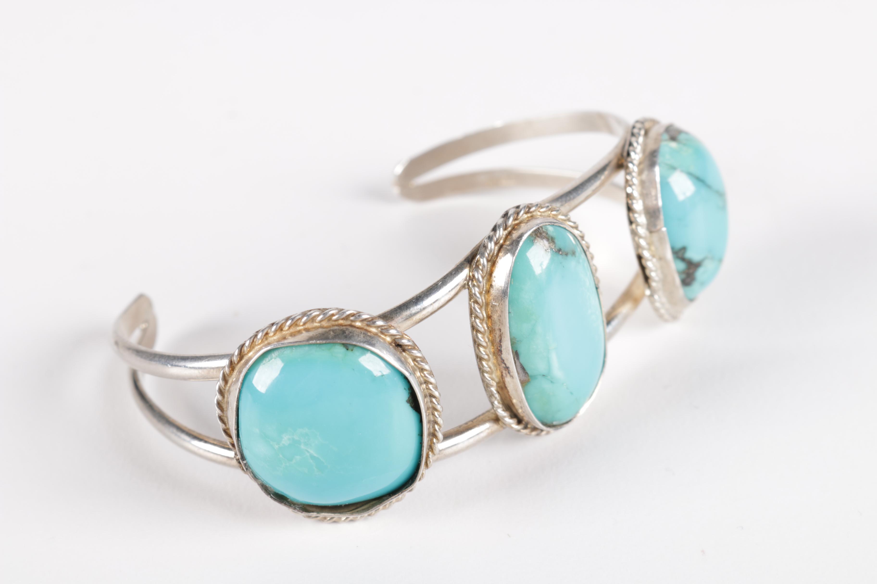 Native American Style Sterling Silver and Turquoise Cuff Bracelet