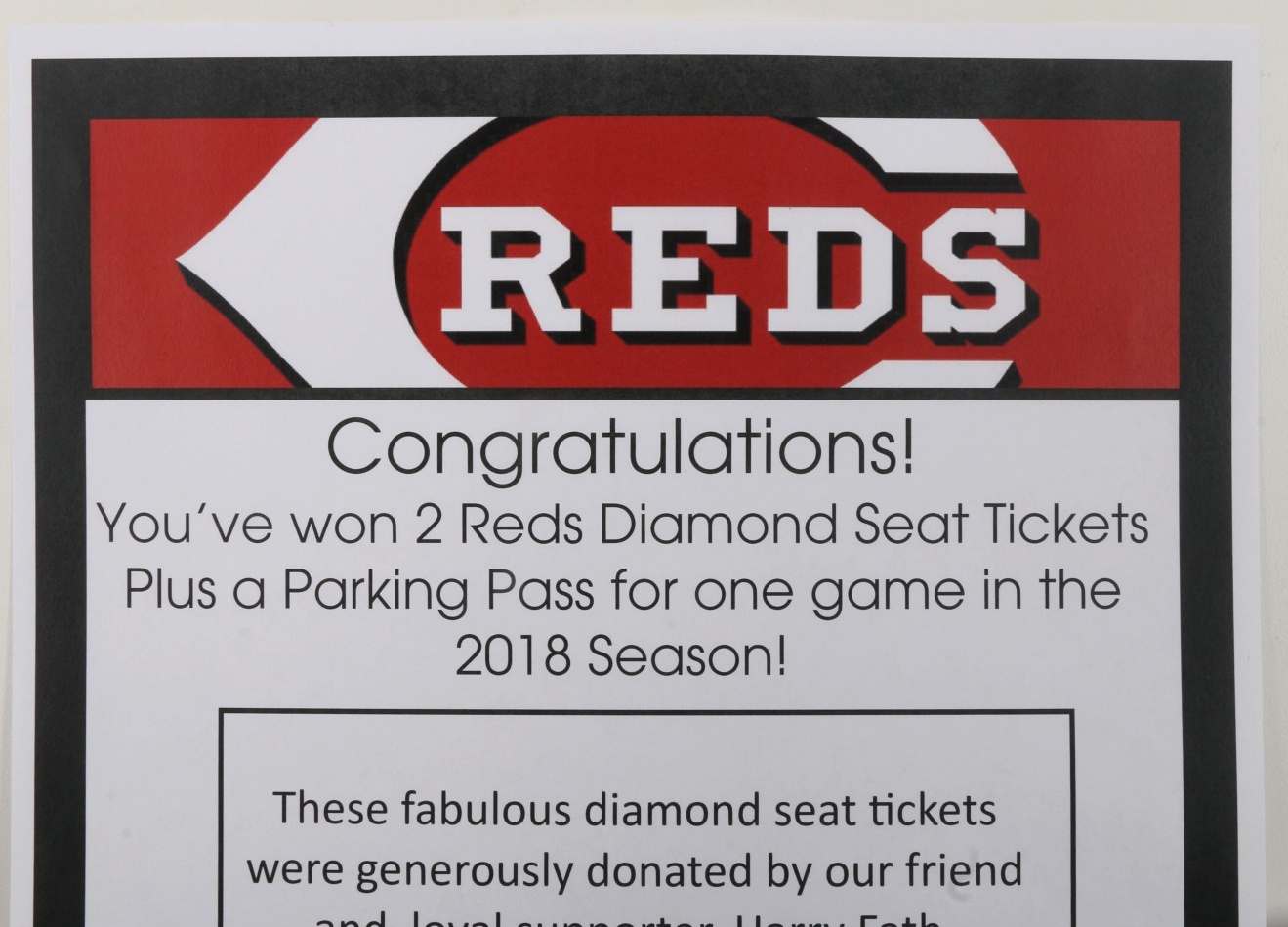 Two Cincinnati Reds Diamond Seat Tickets and Parking Pass for the 2018 Season