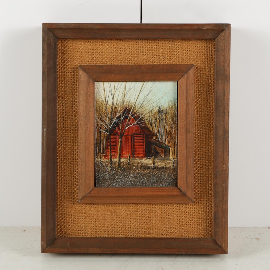 Charles L. Sizemore Signed Miniature Acrylic Painting of a Red Barn