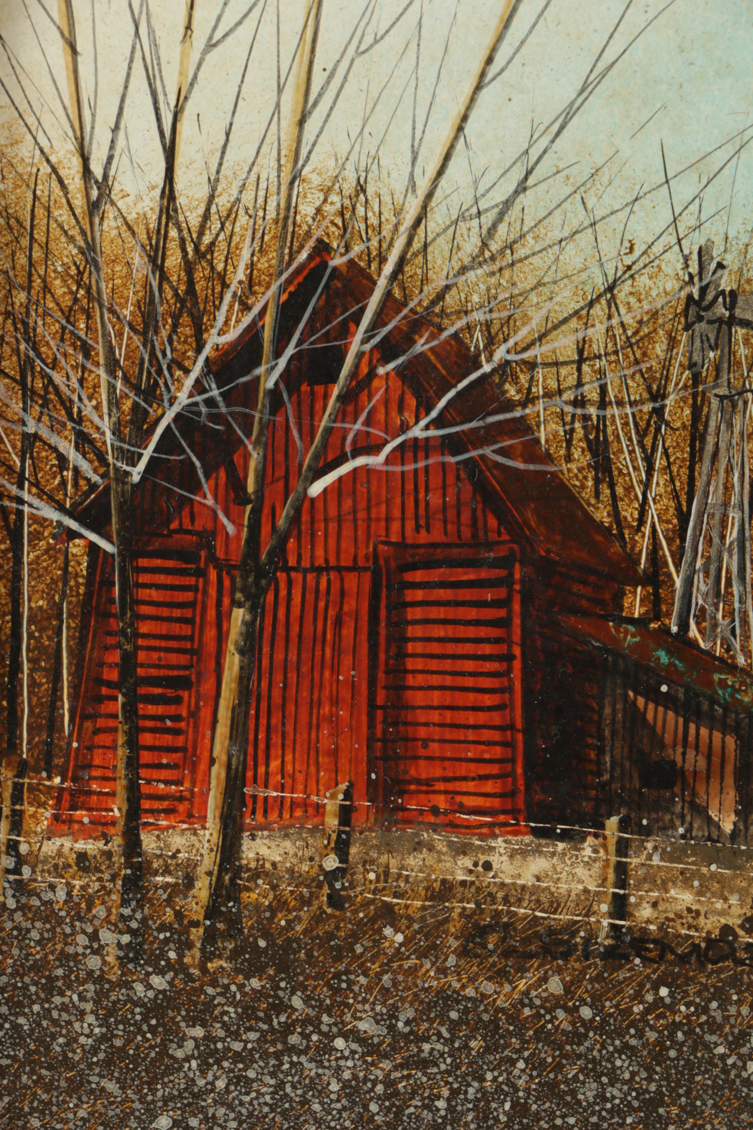 Charles L. Sizemore Signed Miniature Acrylic Painting of a Red Barn