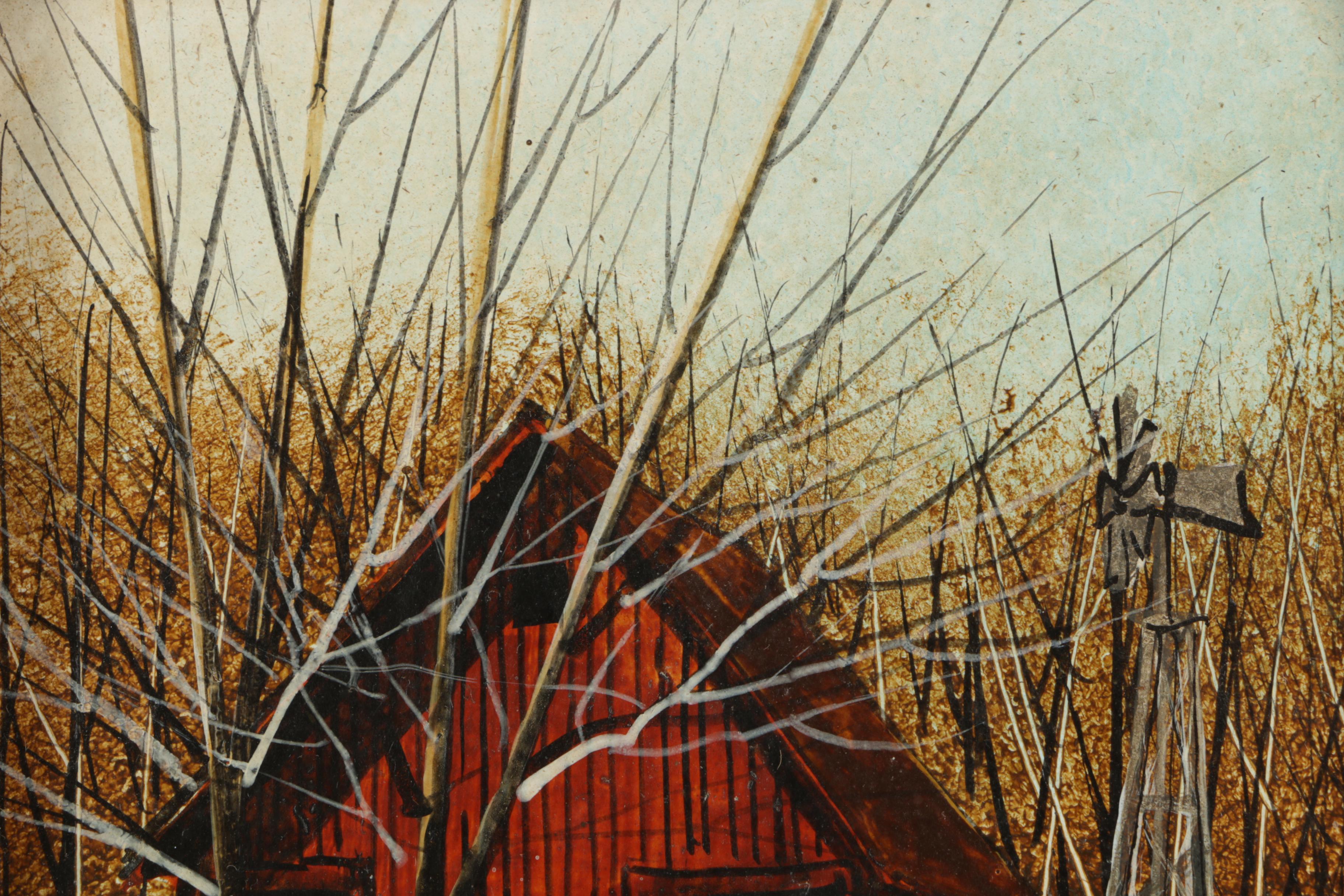 Charles L. Sizemore Signed Miniature Acrylic Painting of a Red Barn