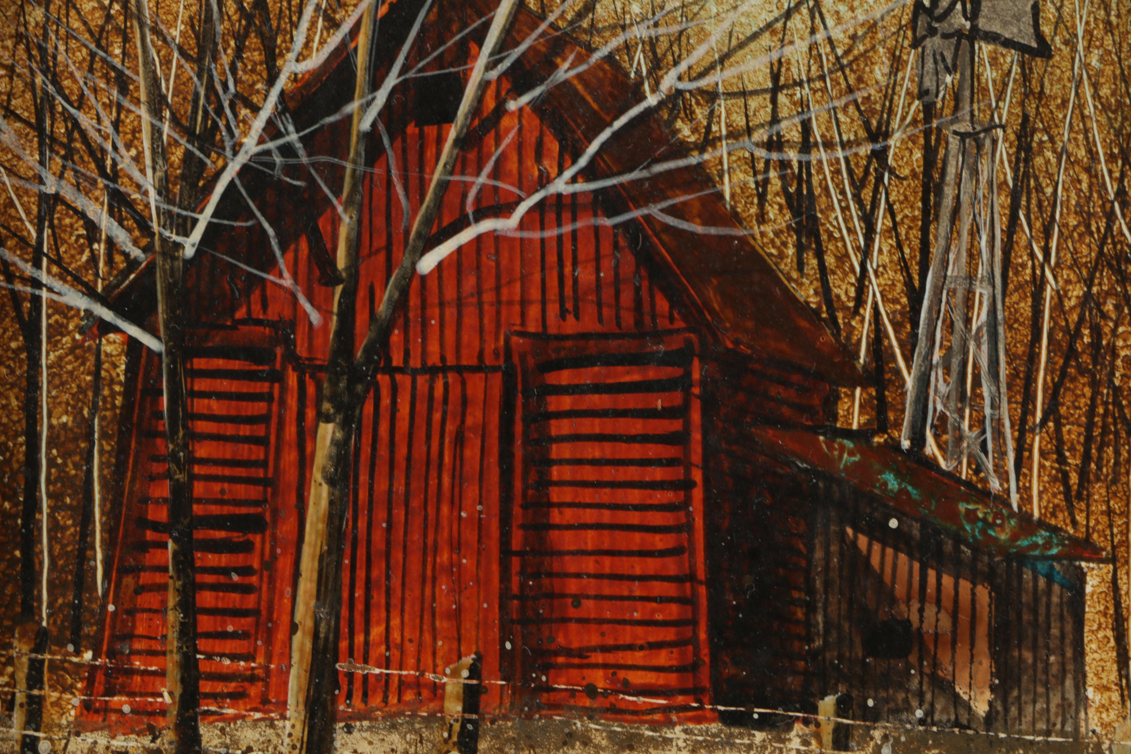 Charles L. Sizemore Signed Miniature Acrylic Painting of a Red Barn