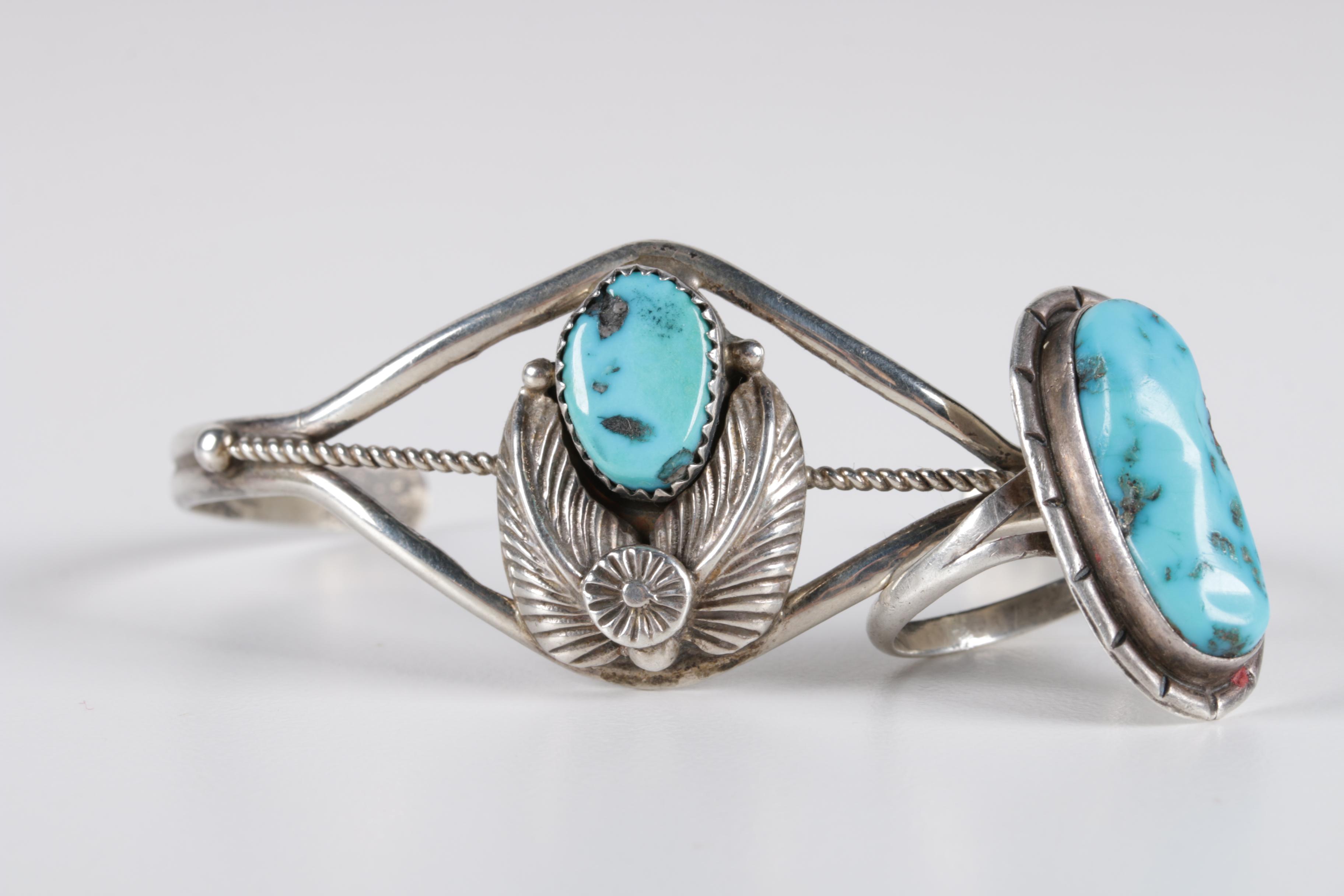 Native American Style Sterling Silver and Turquoise Bracelet and Ring