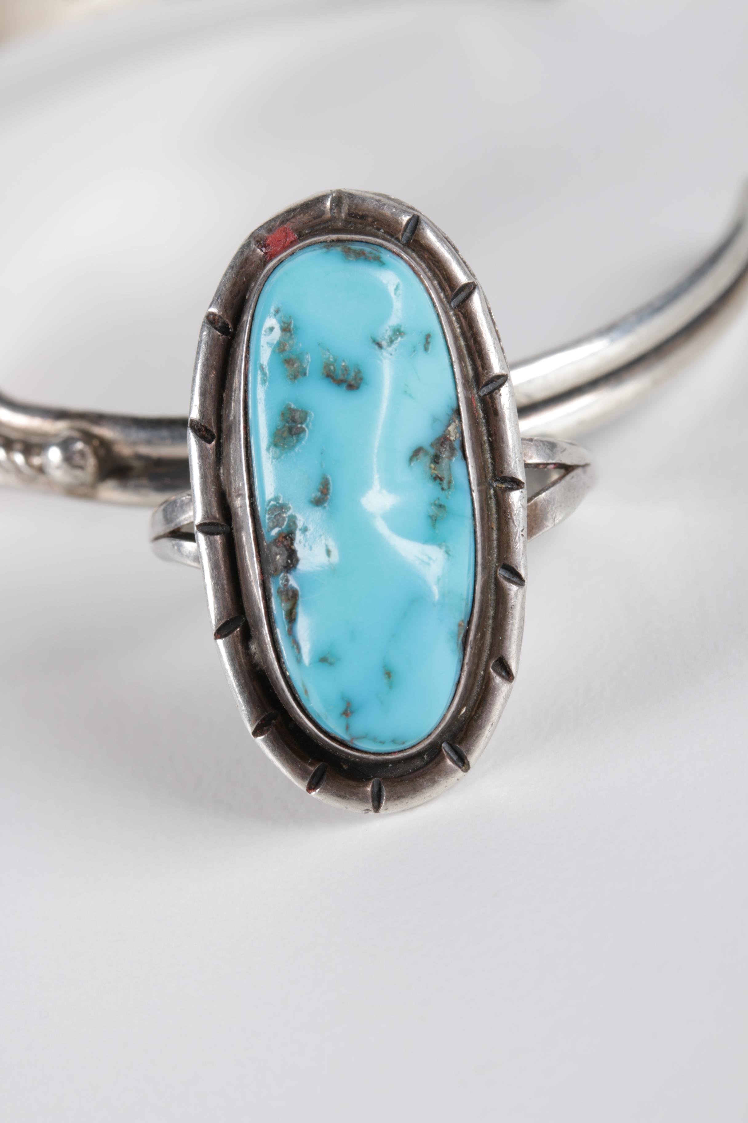 Native American Style Sterling Silver and Turquoise Bracelet and Ring