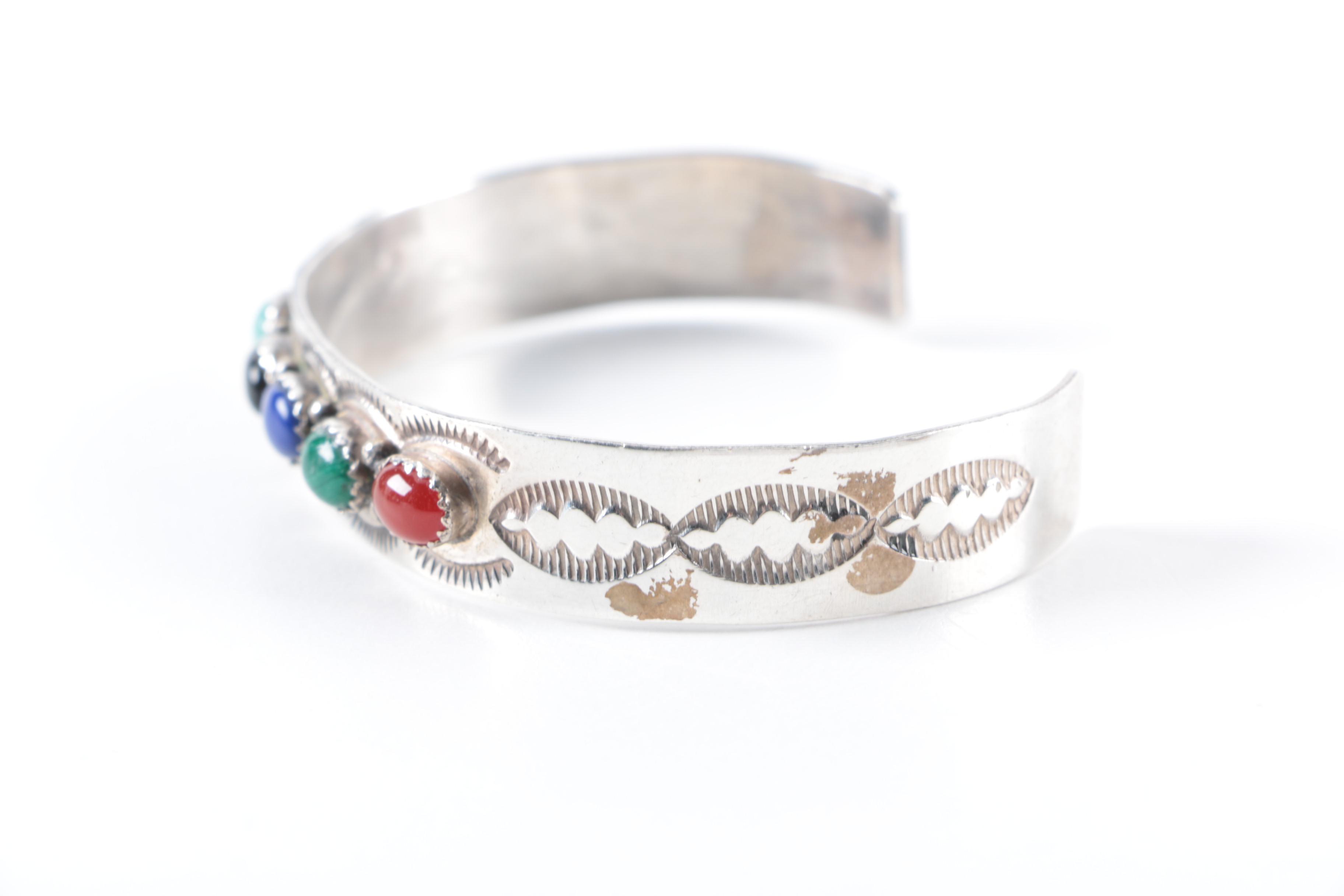 Native American Style Sterling Silver Cuff and Earrings with Natural Stones