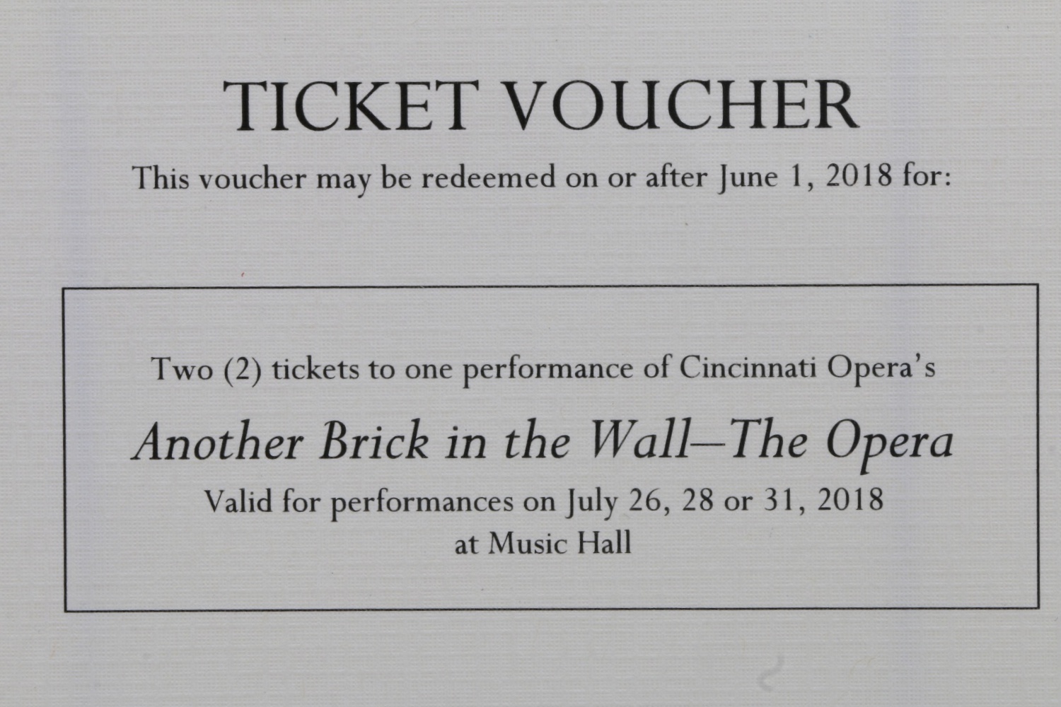 Cincinnati's Opera's "Another Brick in the Wall" Tickets and Dinner at Metropole