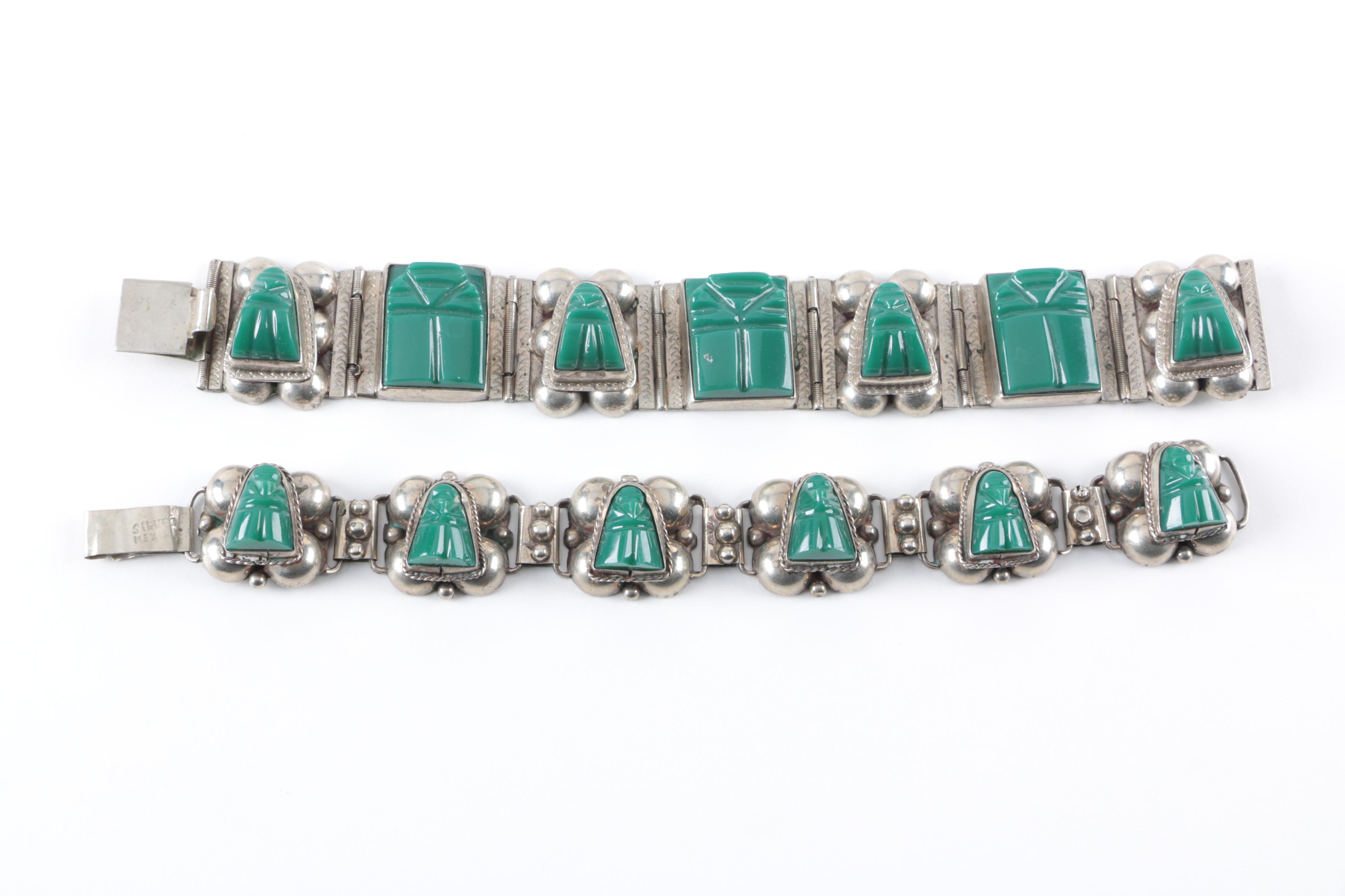 Silver Tone Mesoamerican Warrior Face Bracelets with Assorted Jewelry