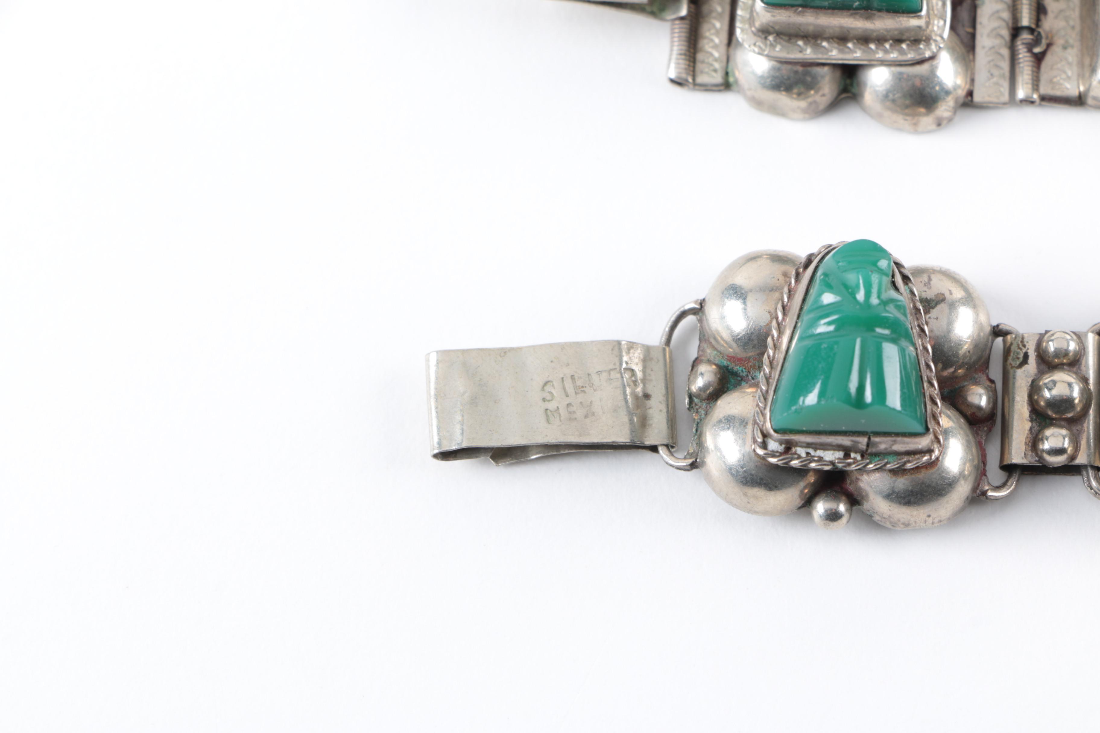 Silver Tone Mesoamerican Warrior Face Bracelets with Assorted Jewelry