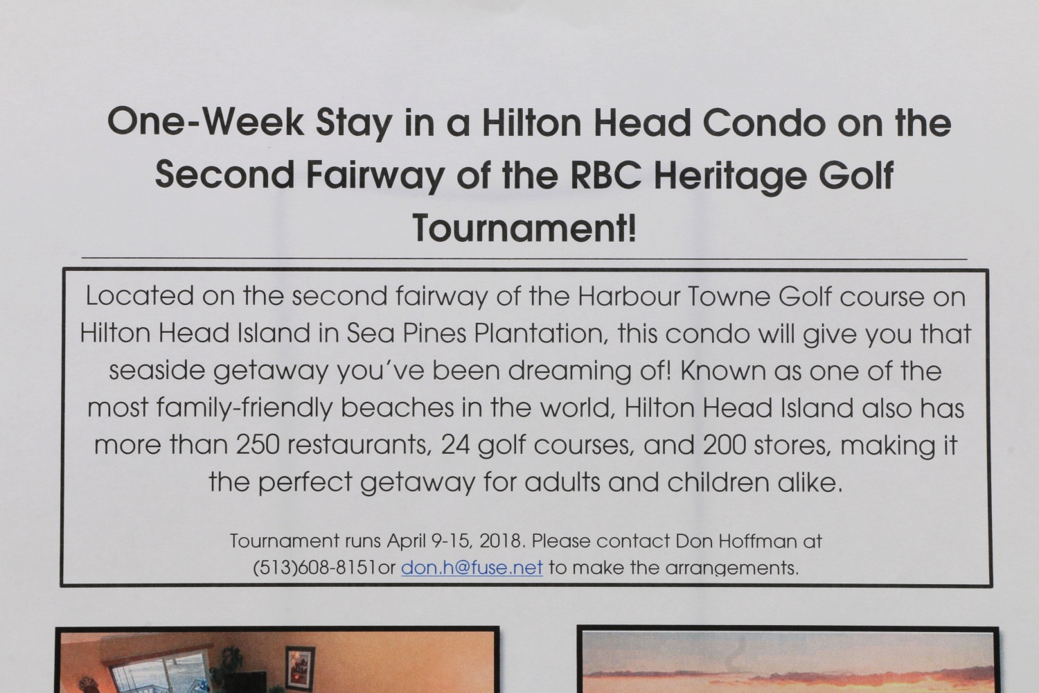 One Week Hilton Head, SC Condo Vacation During the RBC Heritage Golf Tournament