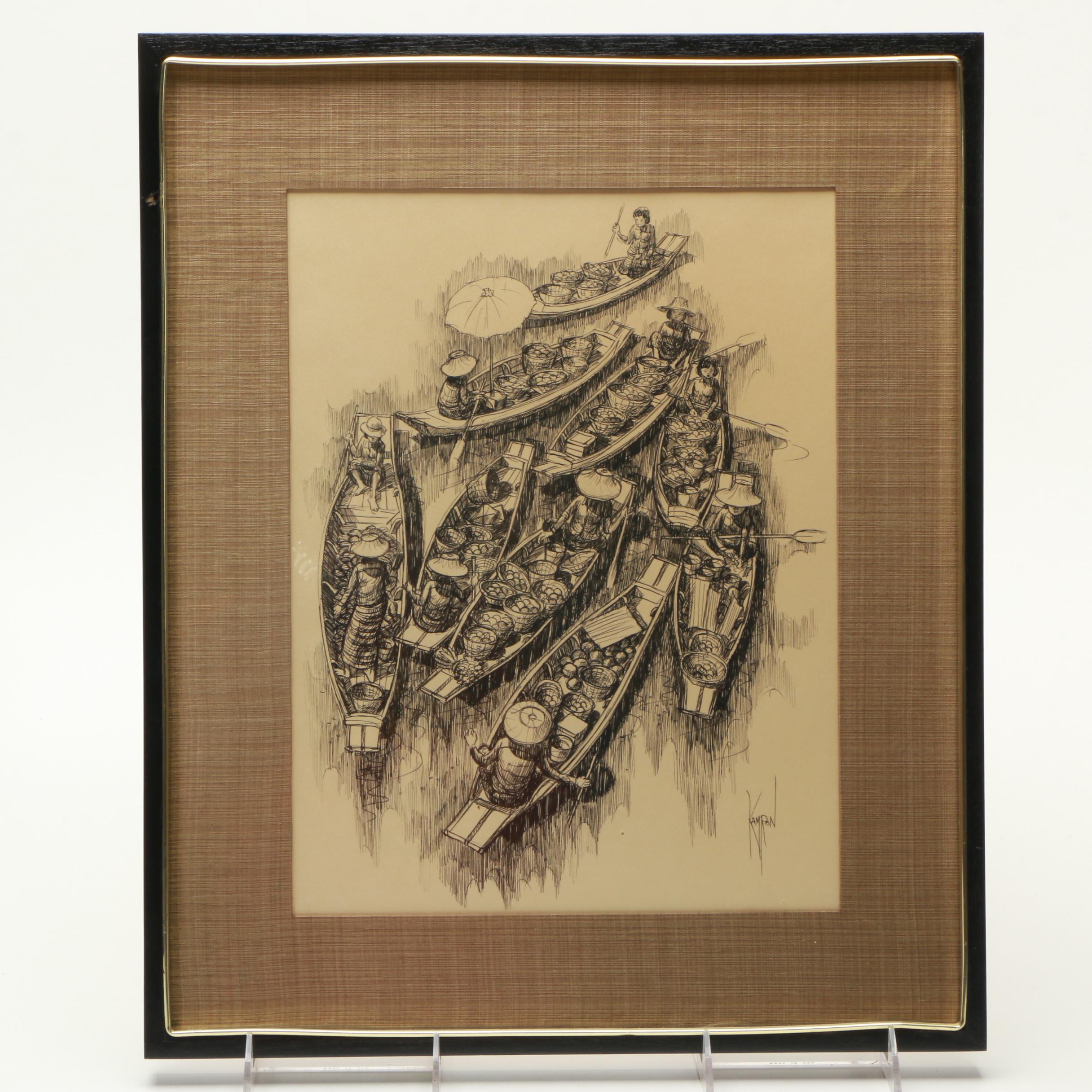 Kamron Ink Drawing on Paper of a Floating Market