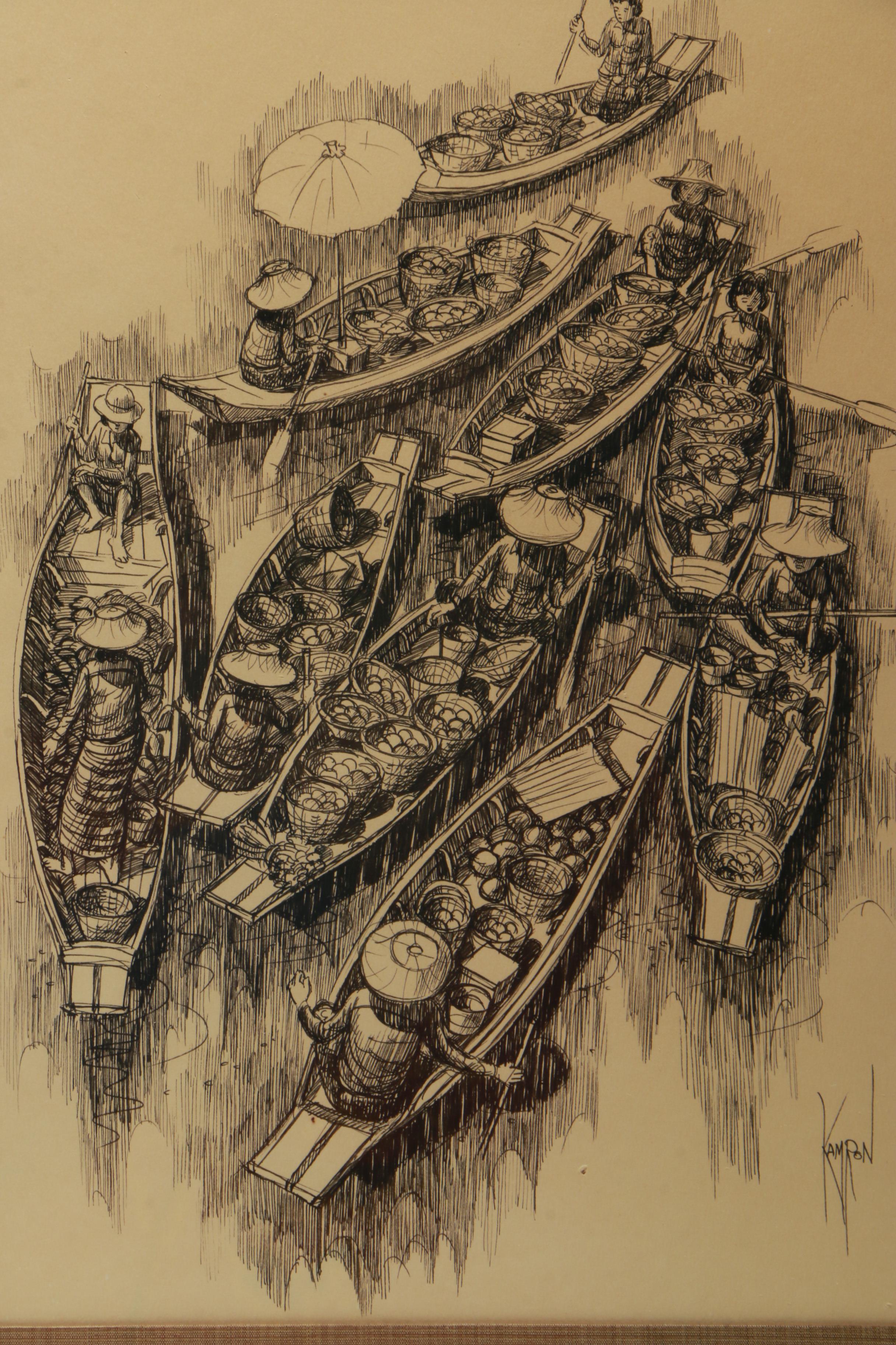 Kamron Ink Drawing on Paper of a Floating Market