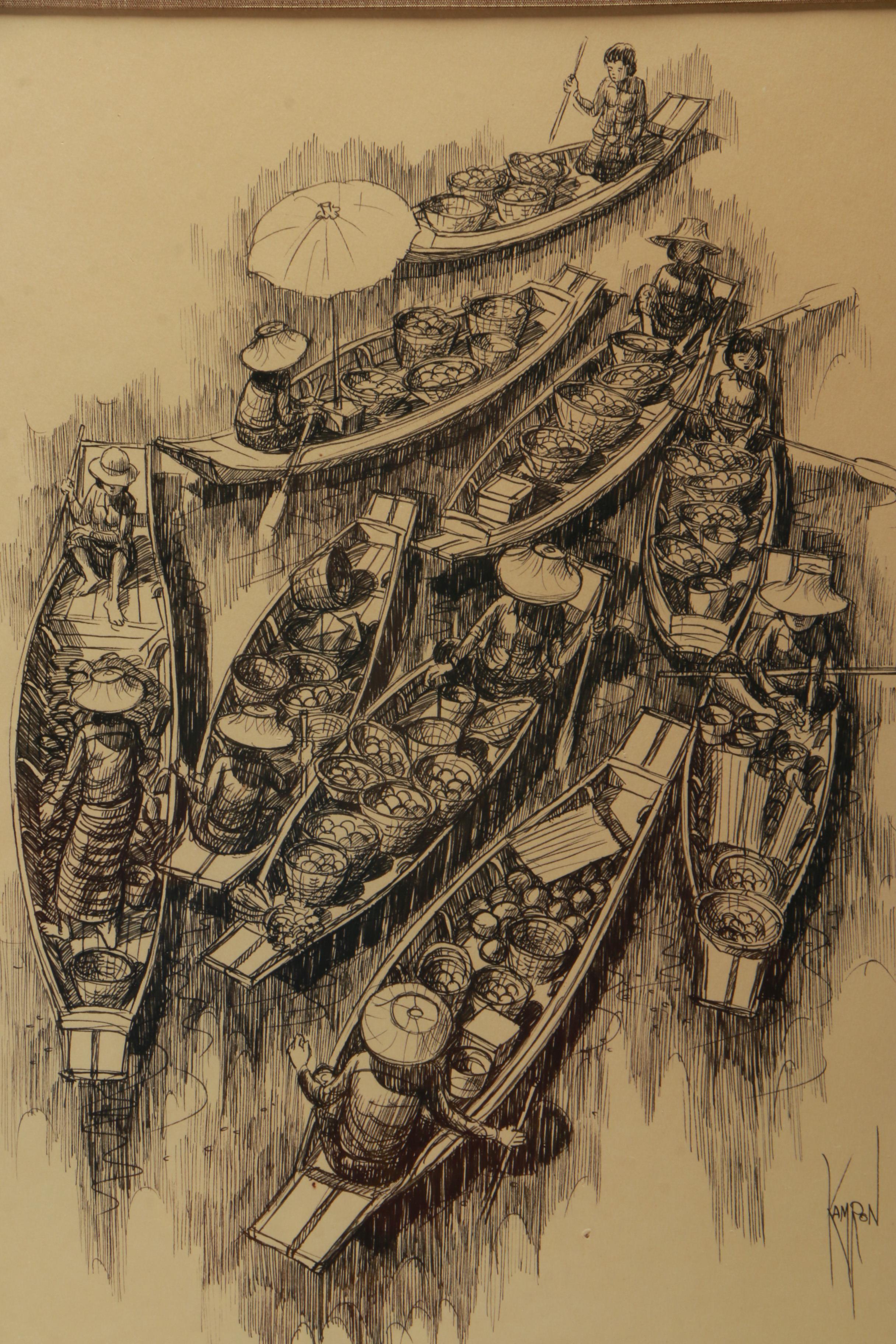 Kamron Ink Drawing on Paper of a Floating Market