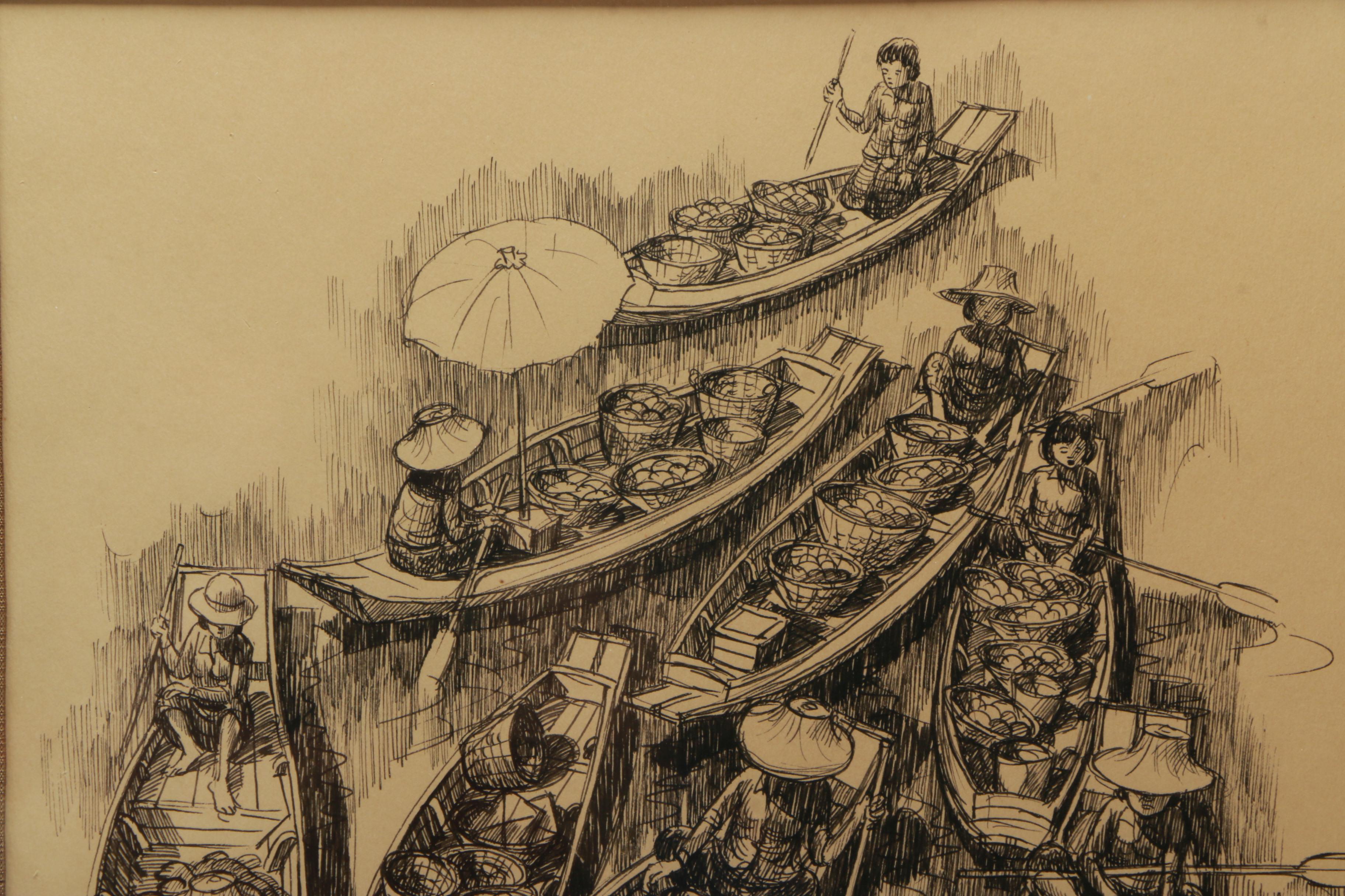 Kamron Ink Drawing on Paper of a Floating Market