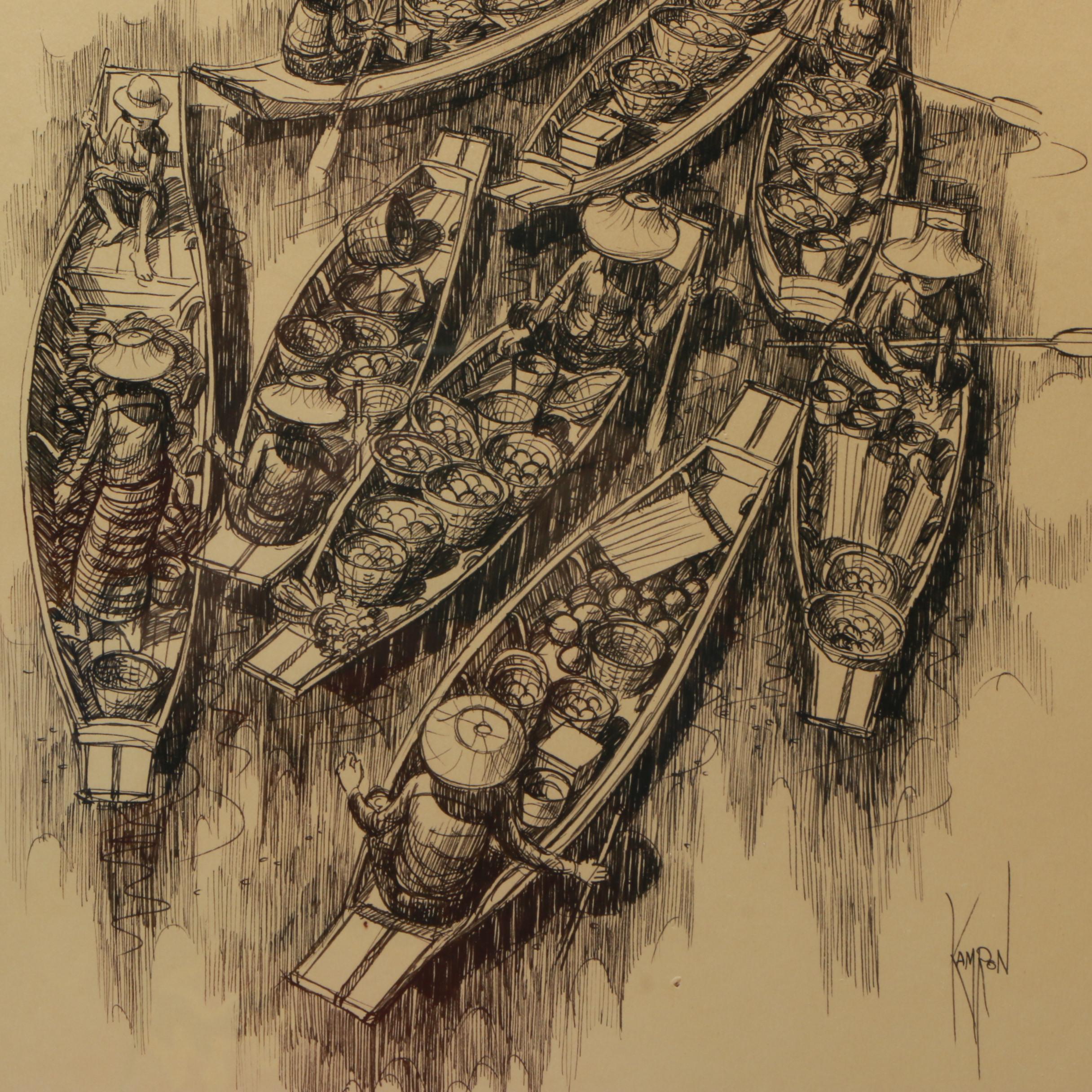 Kamron Ink Drawing on Paper of a Floating Market
