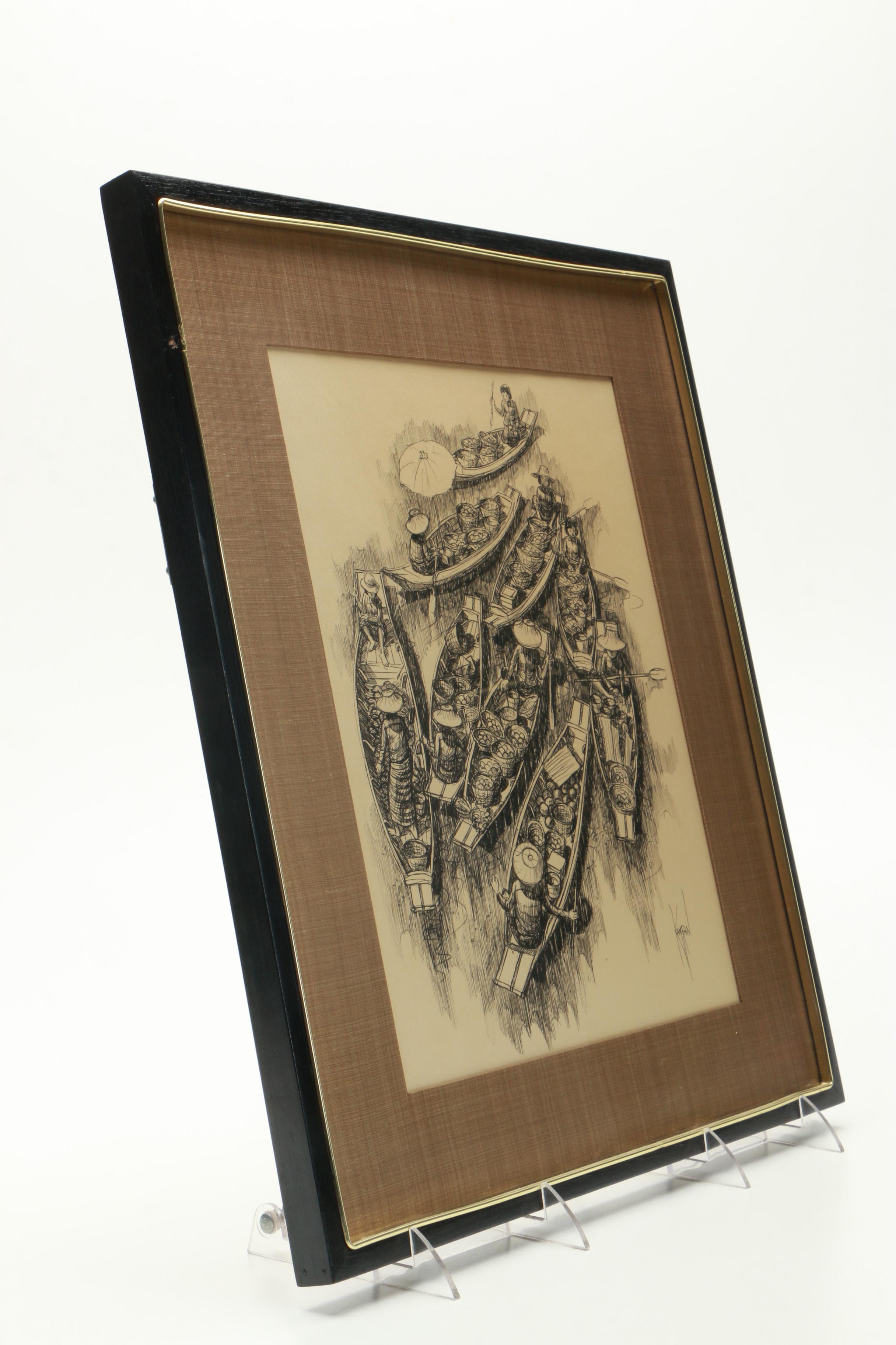 Kamron Ink Drawing on Paper of a Floating Market