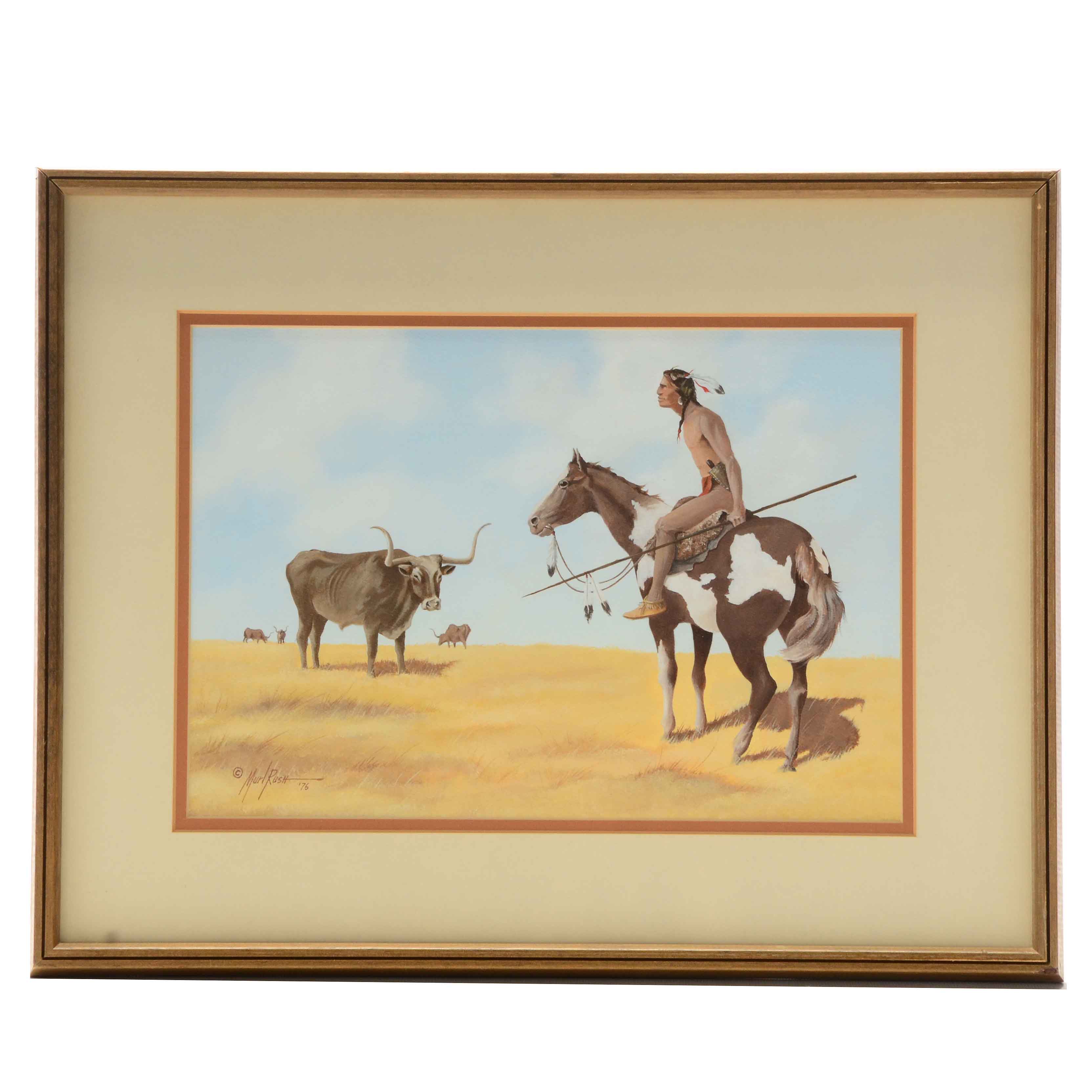Murl Rush Signed Original Gouache and Watercolor Painting "White Man's Buffalo"