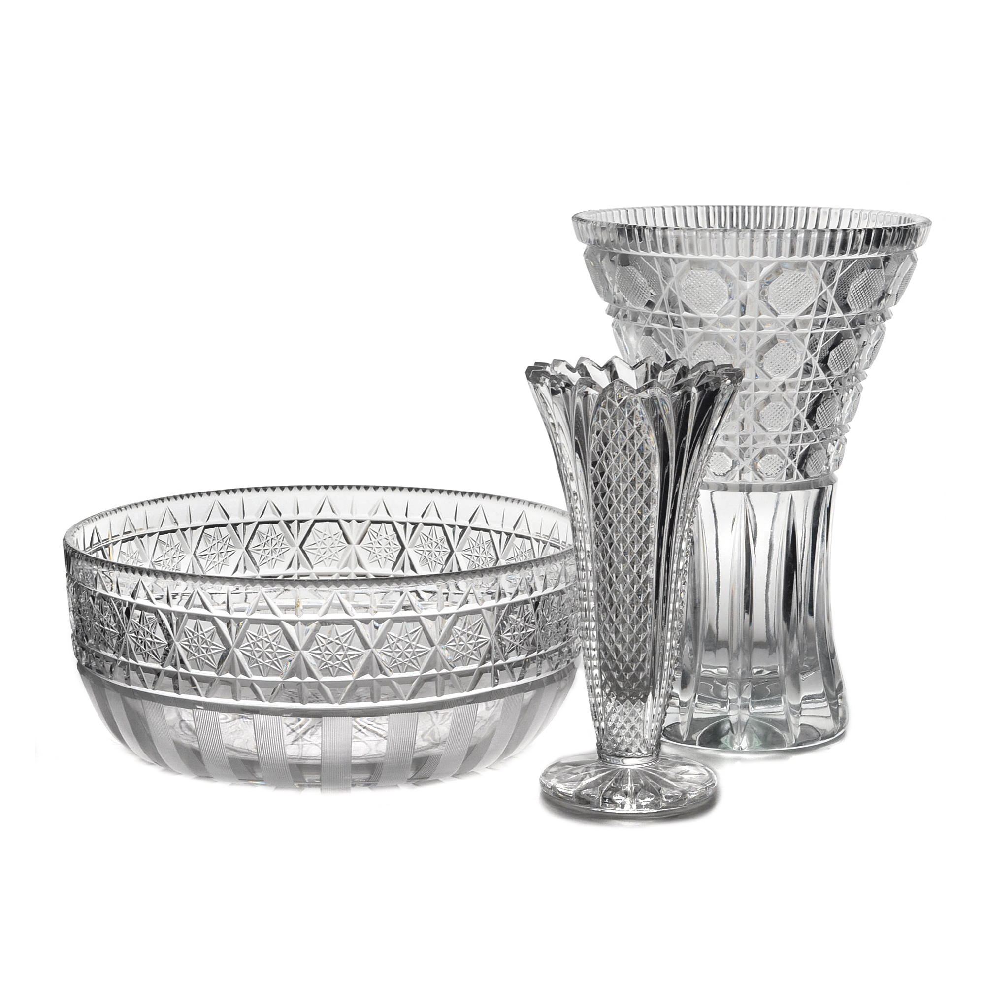 Vintage Cut Crystal Bowl, Vase and Bud Vase