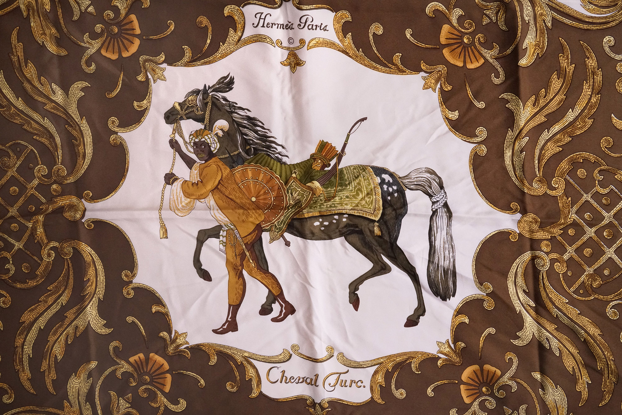 Hermes Cheval Turc Brown Silk Twill Scarf