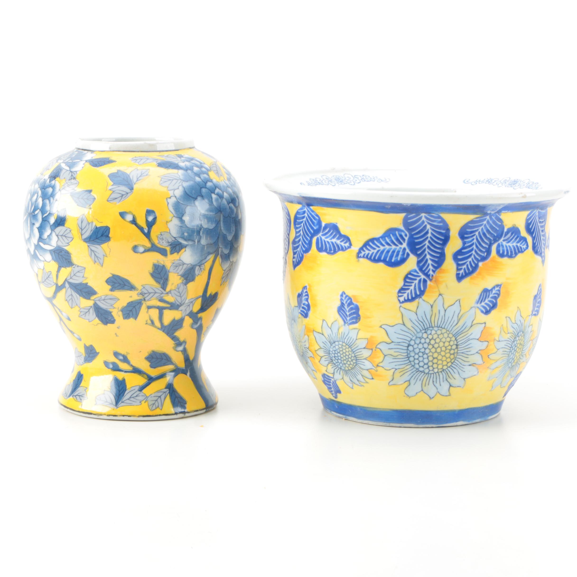 Yellow and Blue Floral Ceramic Vase and Planter