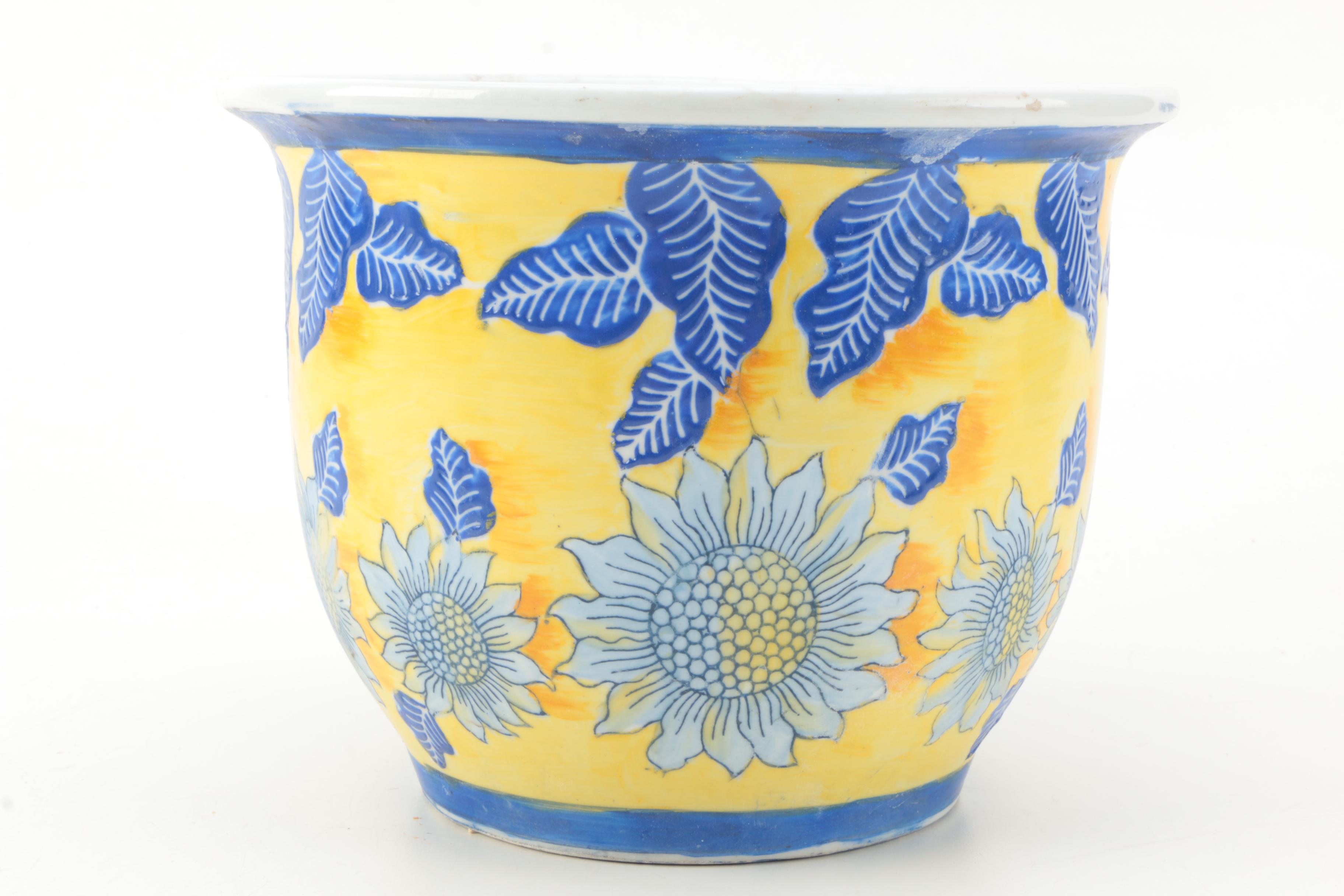 Yellow and Blue Floral Ceramic Vase and Planter