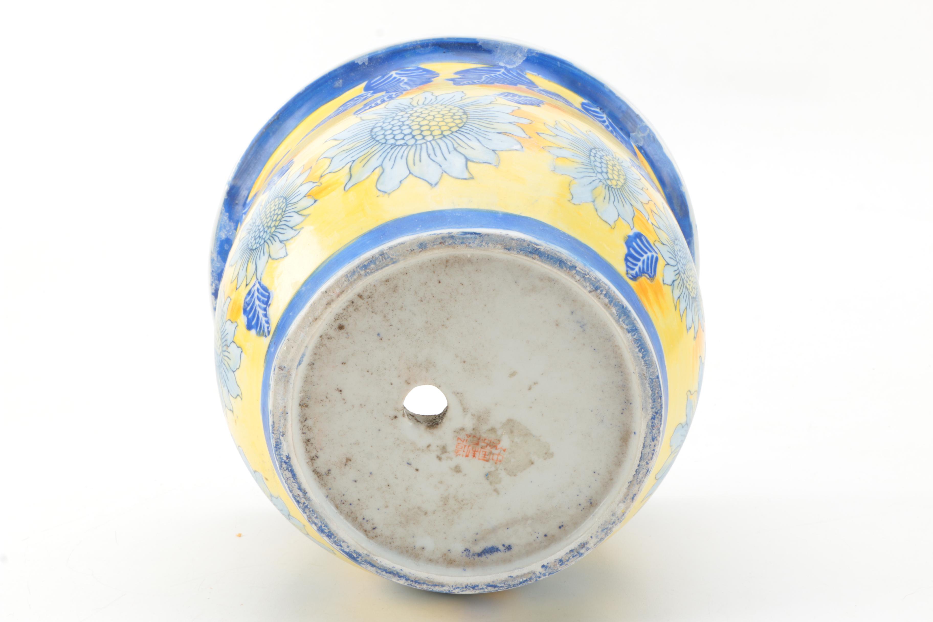 Yellow and Blue Floral Ceramic Vase and Planter