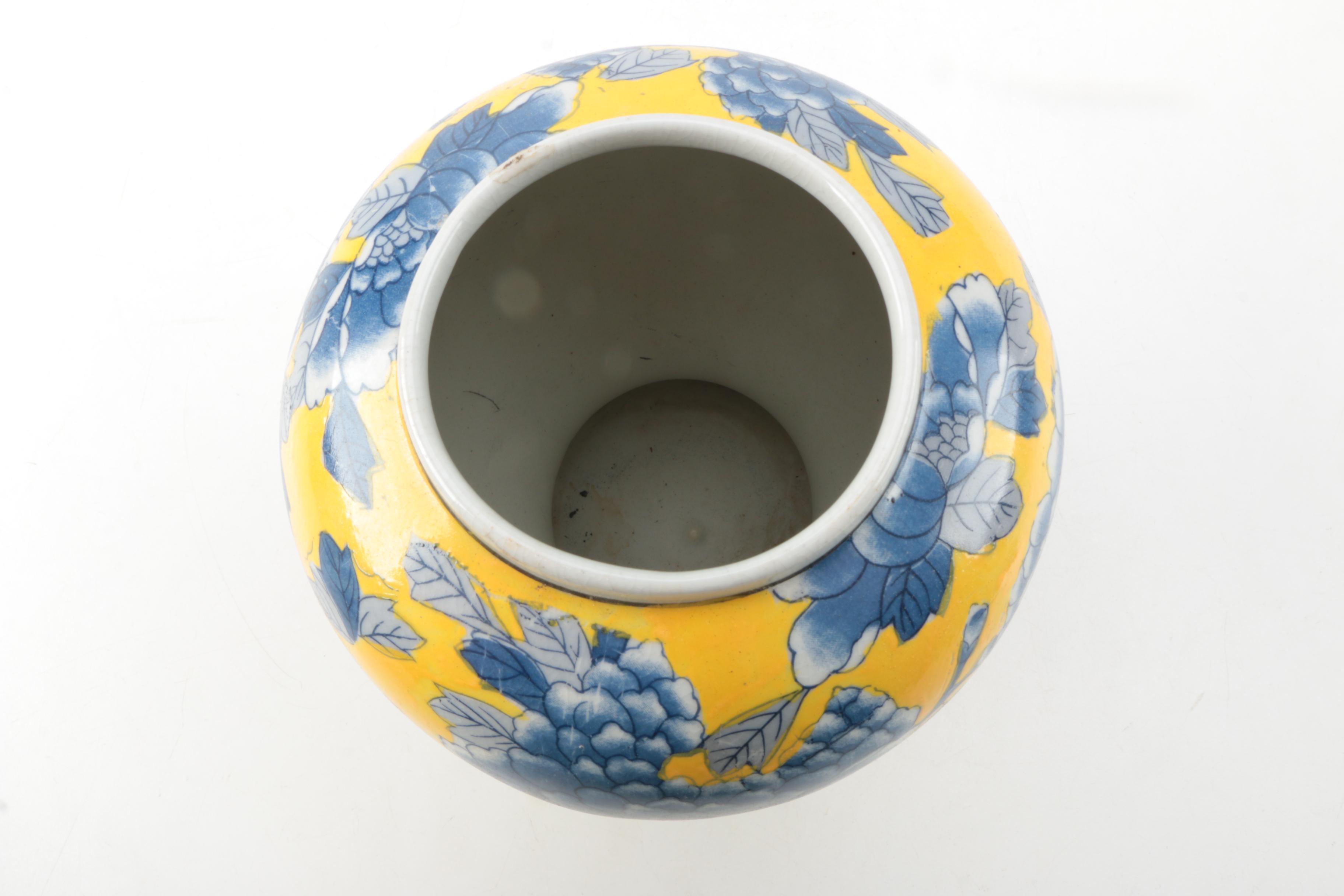 Yellow and Blue Floral Ceramic Vase and Planter
