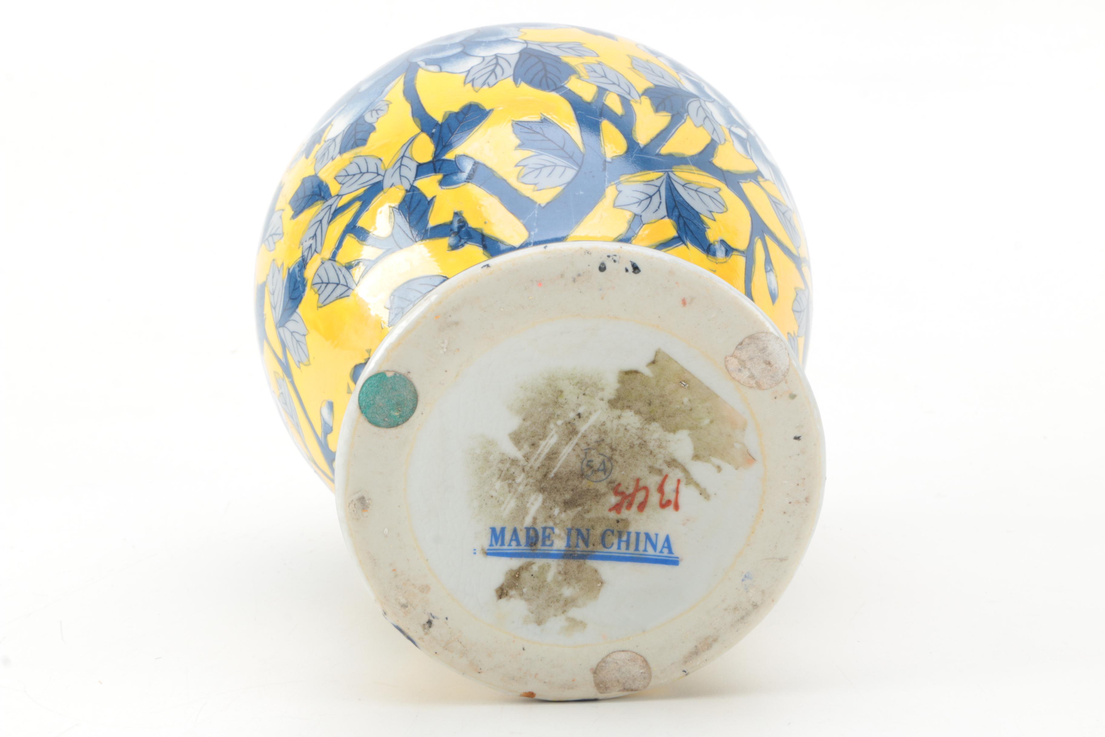 Yellow and Blue Floral Ceramic Vase and Planter