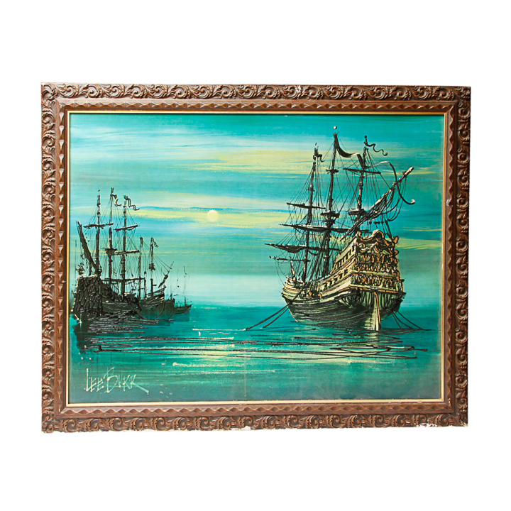 Lee Burr Mid Century Maritime Scene Acrylic Painting on Canvas EBTH