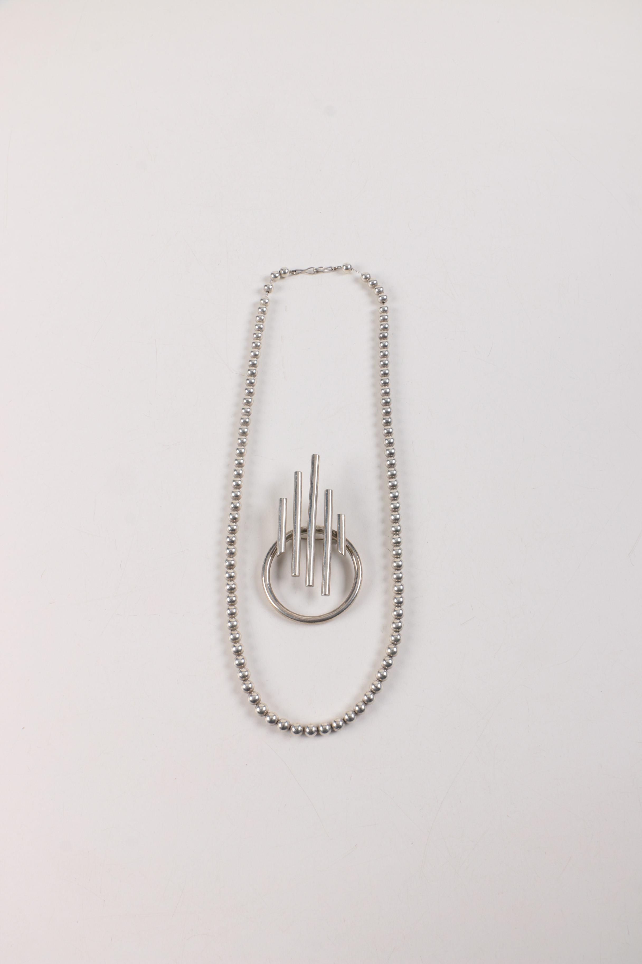 Sterling Silver Beaded Necklace and Brooch