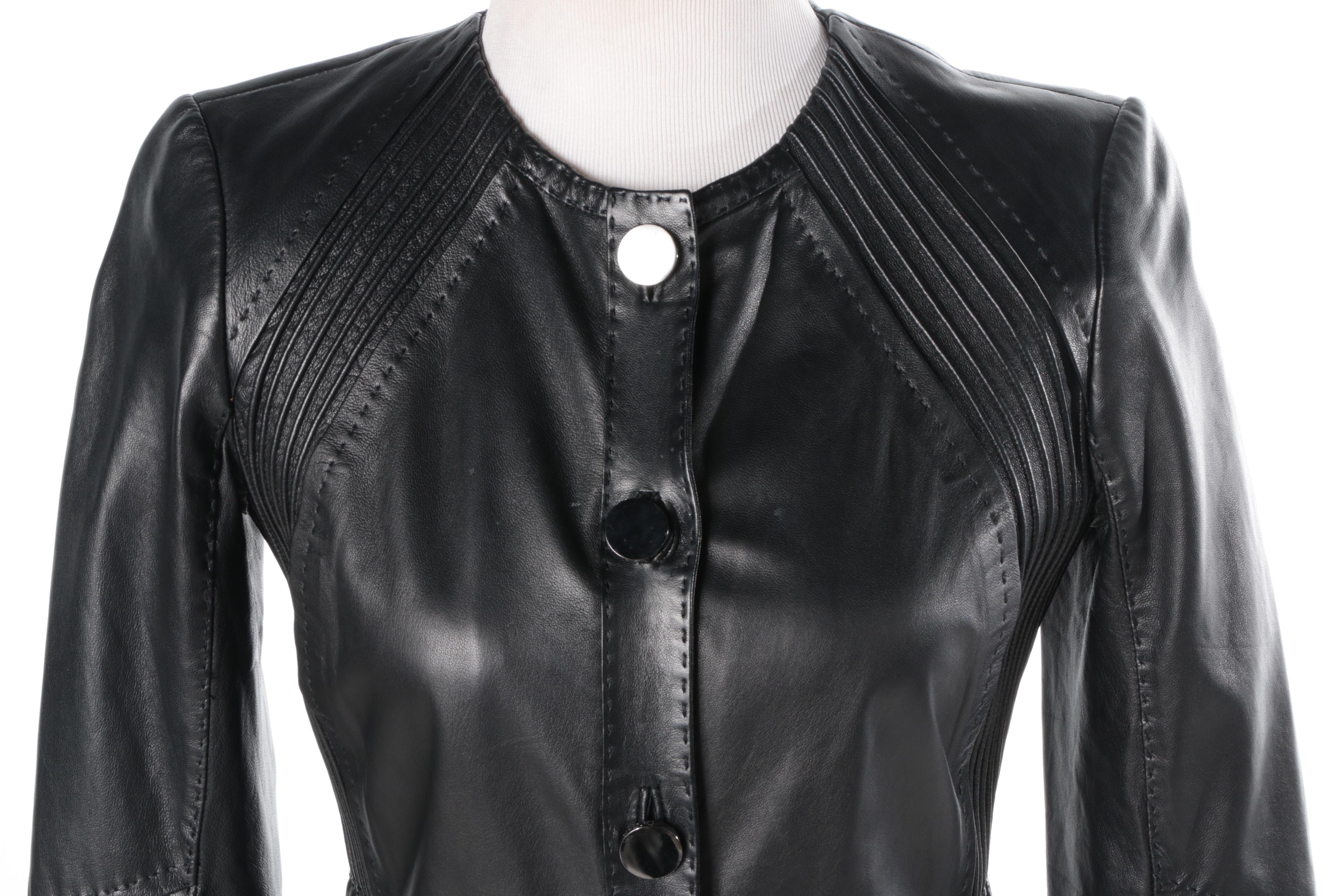 Tory Burch Fitted Black Leather Coat