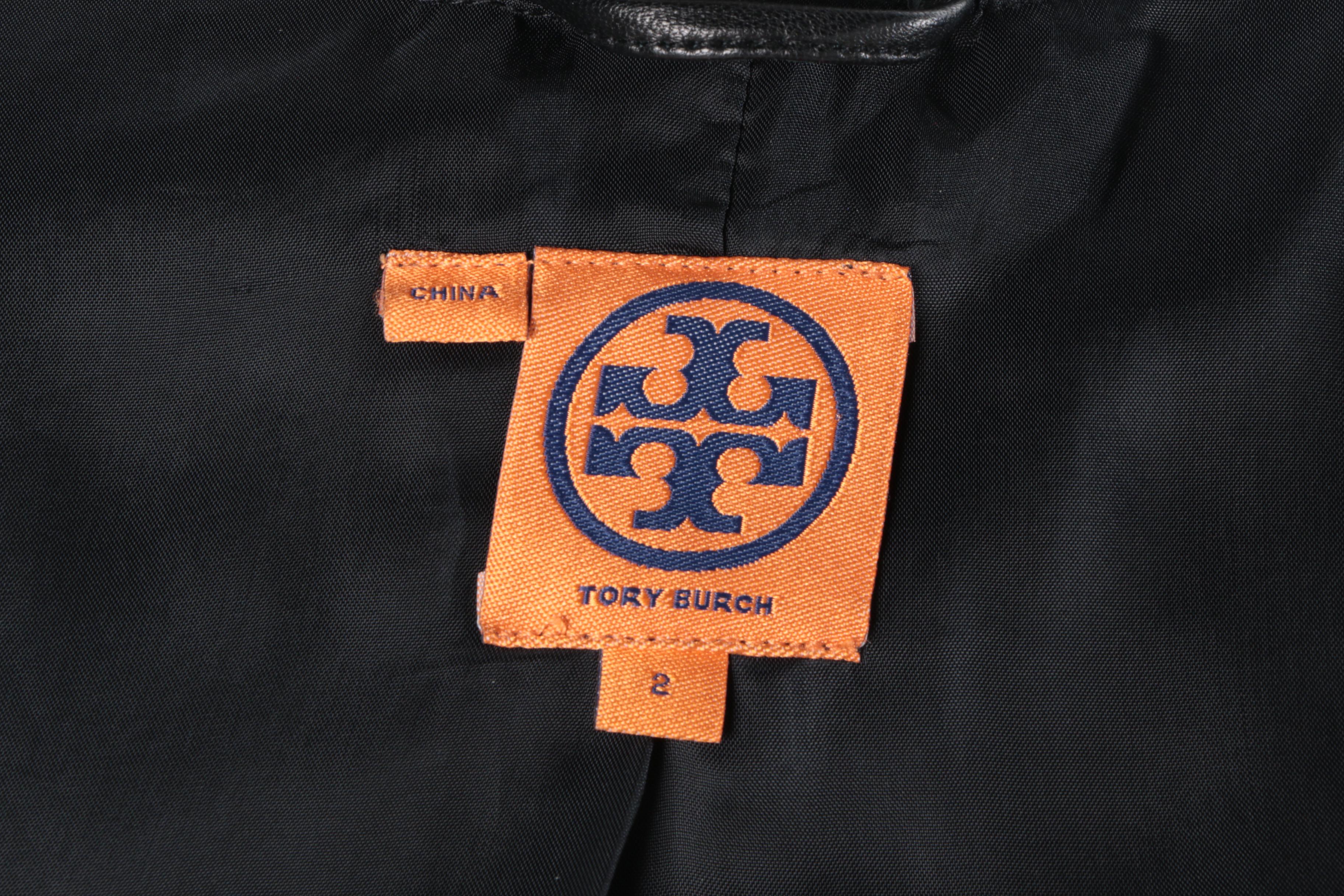 Tory Burch Fitted Black Leather Coat