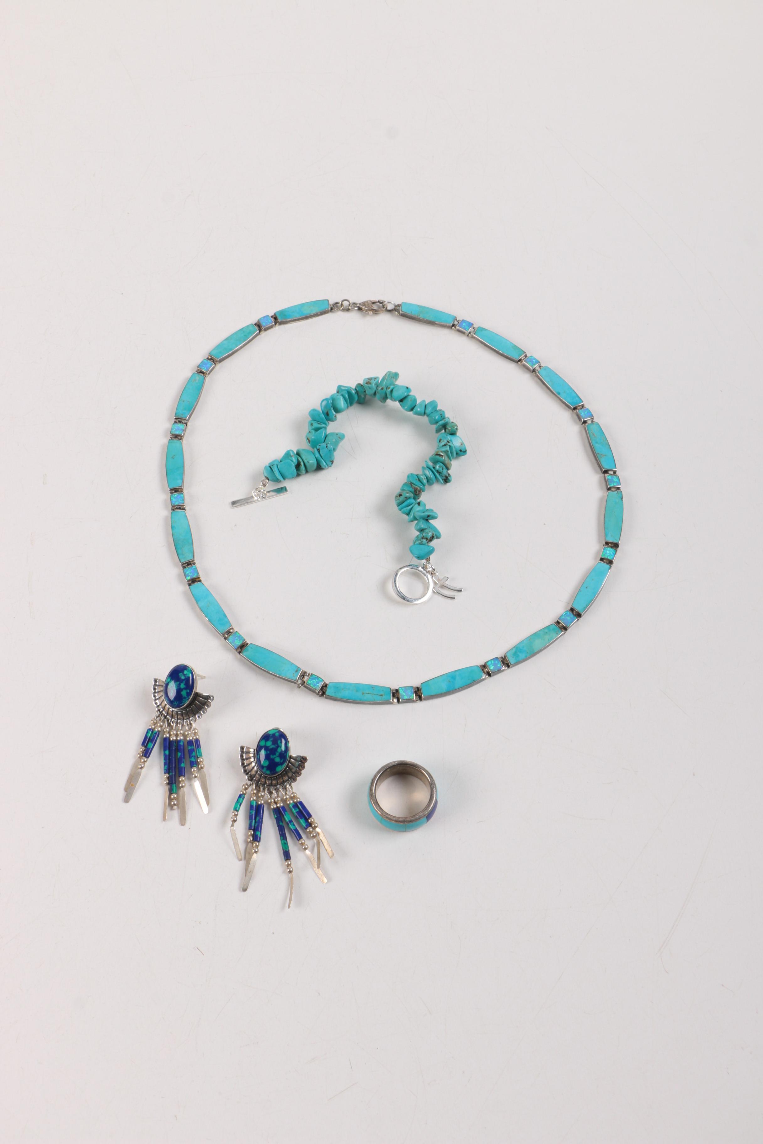 Sterling Silver Southwestern Jewelry Including Turquoise, Lapis Lazuli and Opal