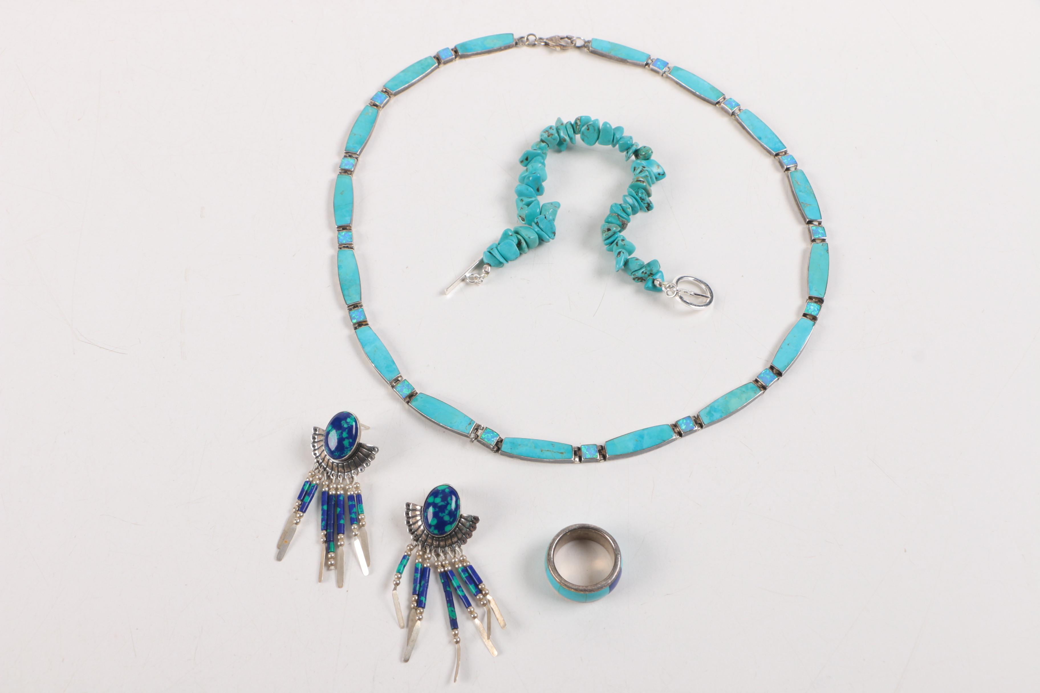 Sterling Silver Southwestern Jewelry Including Turquoise, Lapis Lazuli and Opal