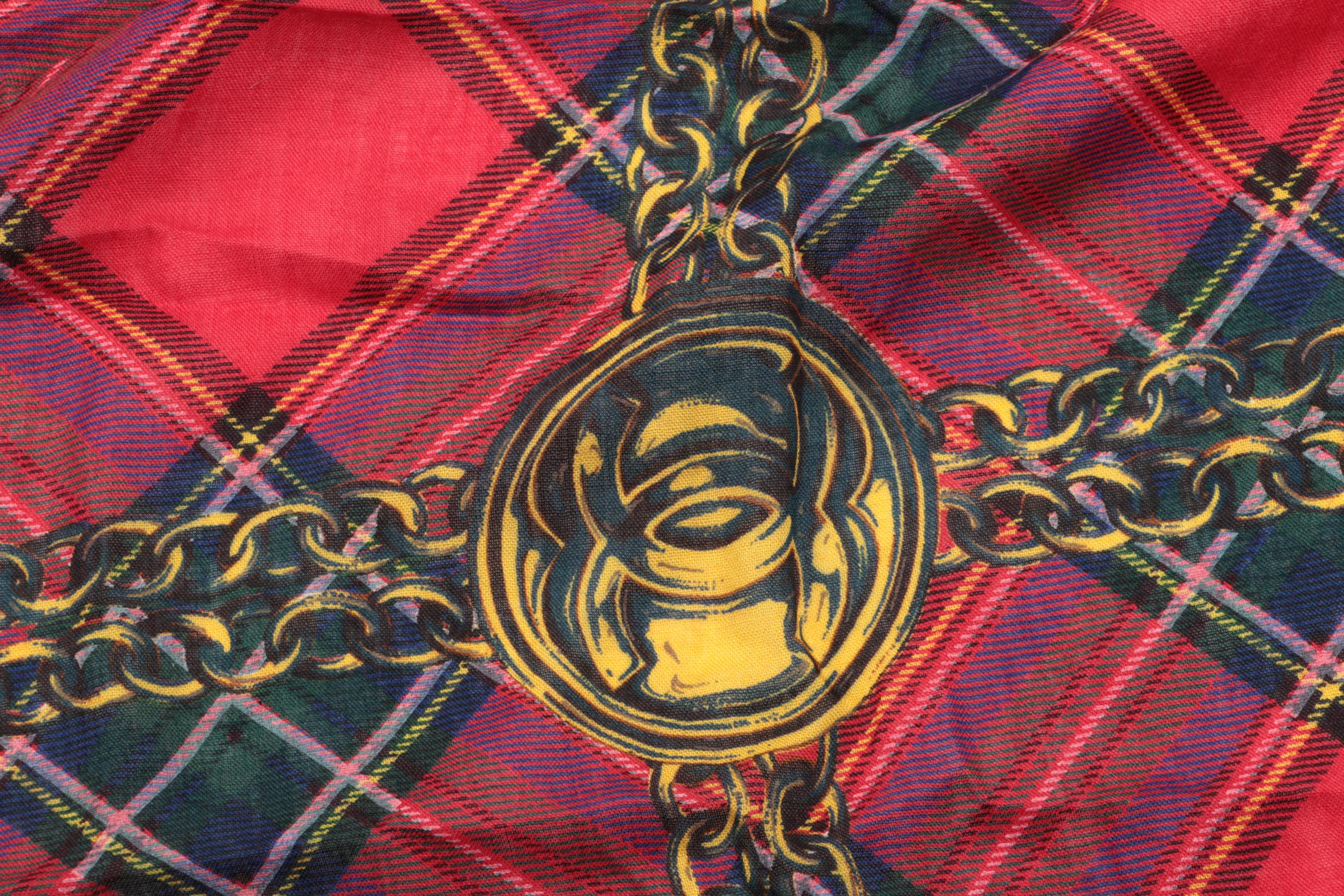 Chanel Red and Gold Plaid Scarf