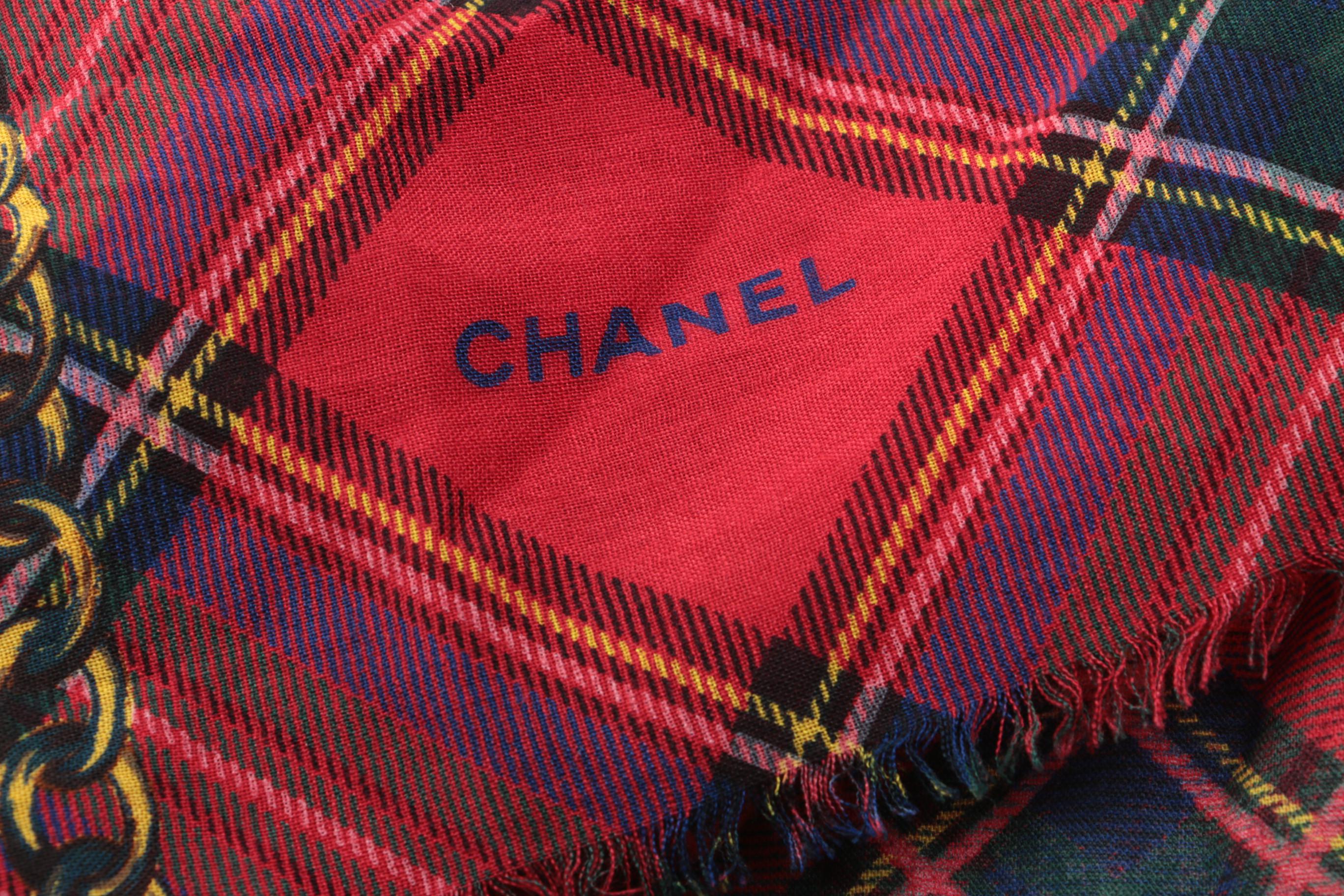 Chanel Red and Gold Plaid Scarf