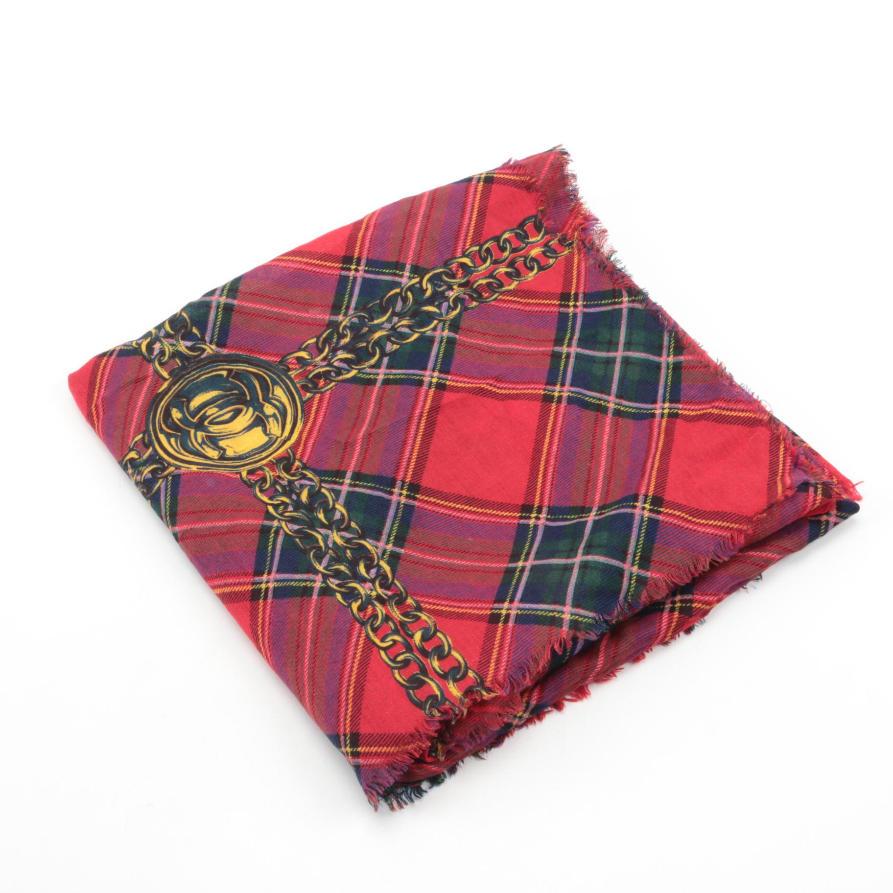 Chanel Red and Gold Plaid Scarf