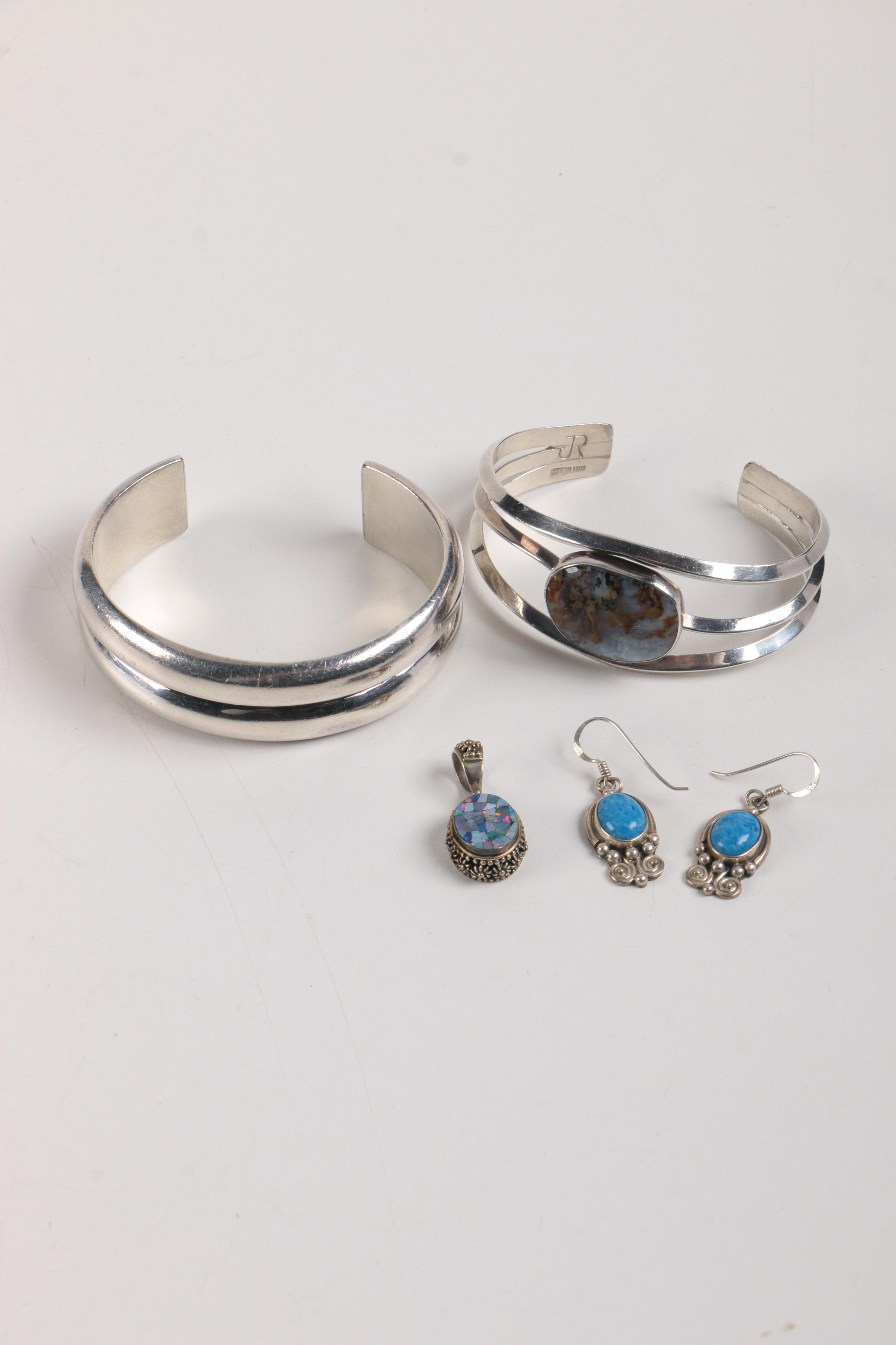 Sterling Silver Jewelry Including Jerry Roan Navajo Cuff Bracelet