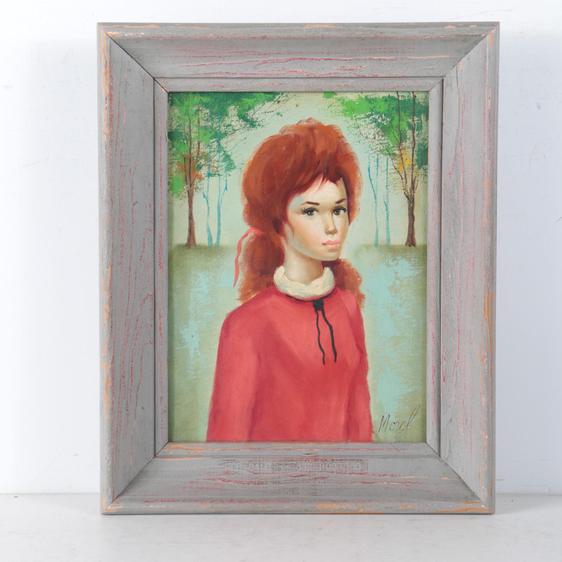 Morel Oil Painting on Canvas of Woman in Red Dress Against Wooded Backdrop