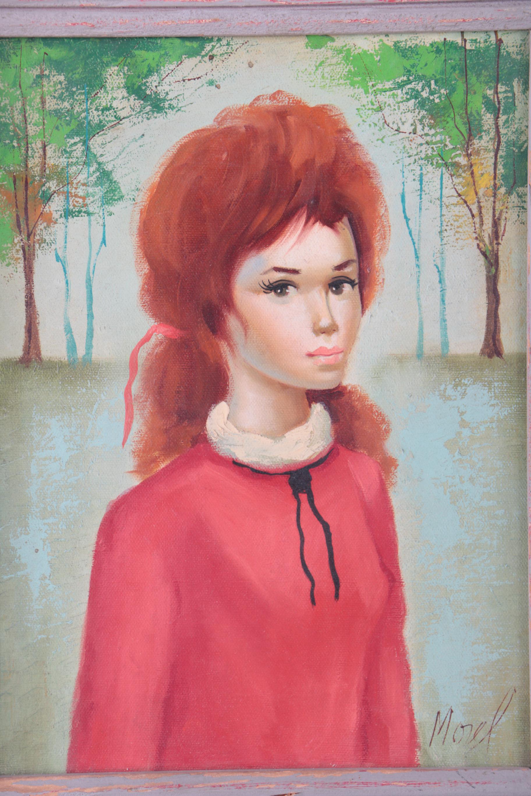 Morel Oil Painting on Canvas of Woman in Red Dress Against Wooded Backdrop