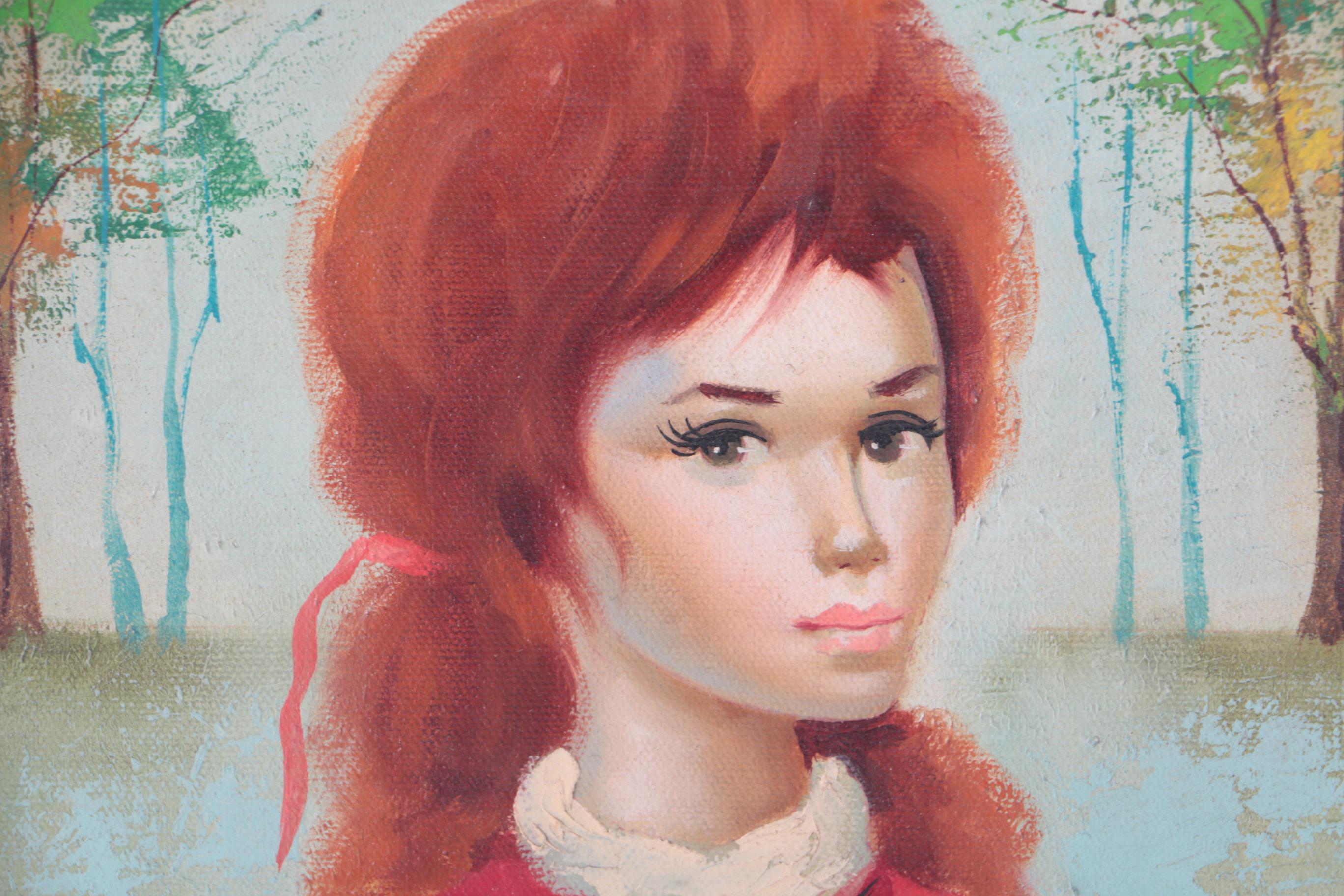 Morel Oil Painting on Canvas of Woman in Red Dress Against Wooded Backdrop