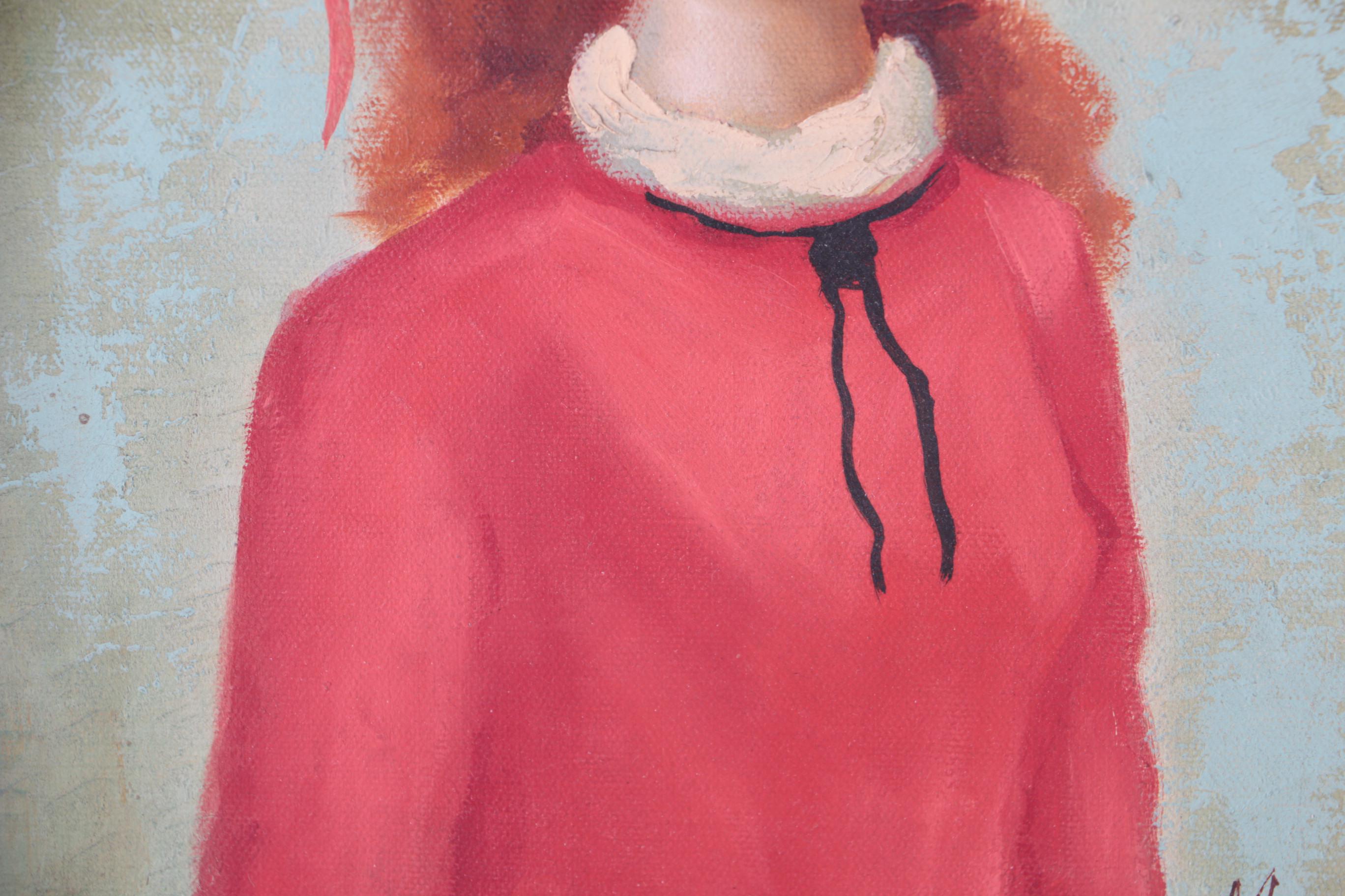 Morel Oil Painting on Canvas of Woman in Red Dress Against Wooded Backdrop