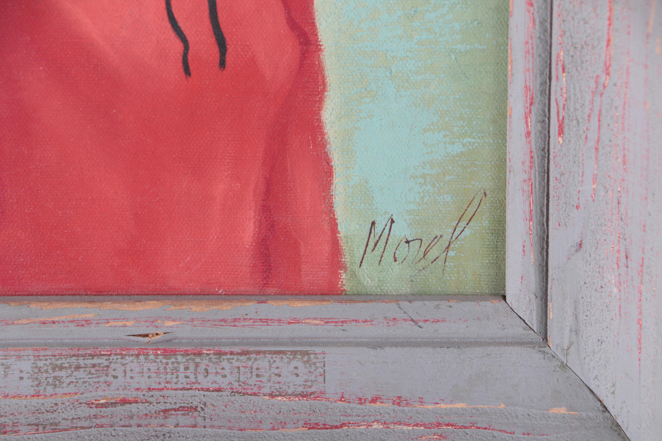 Morel Oil Painting on Canvas of Woman in Red Dress Against Wooded Backdrop