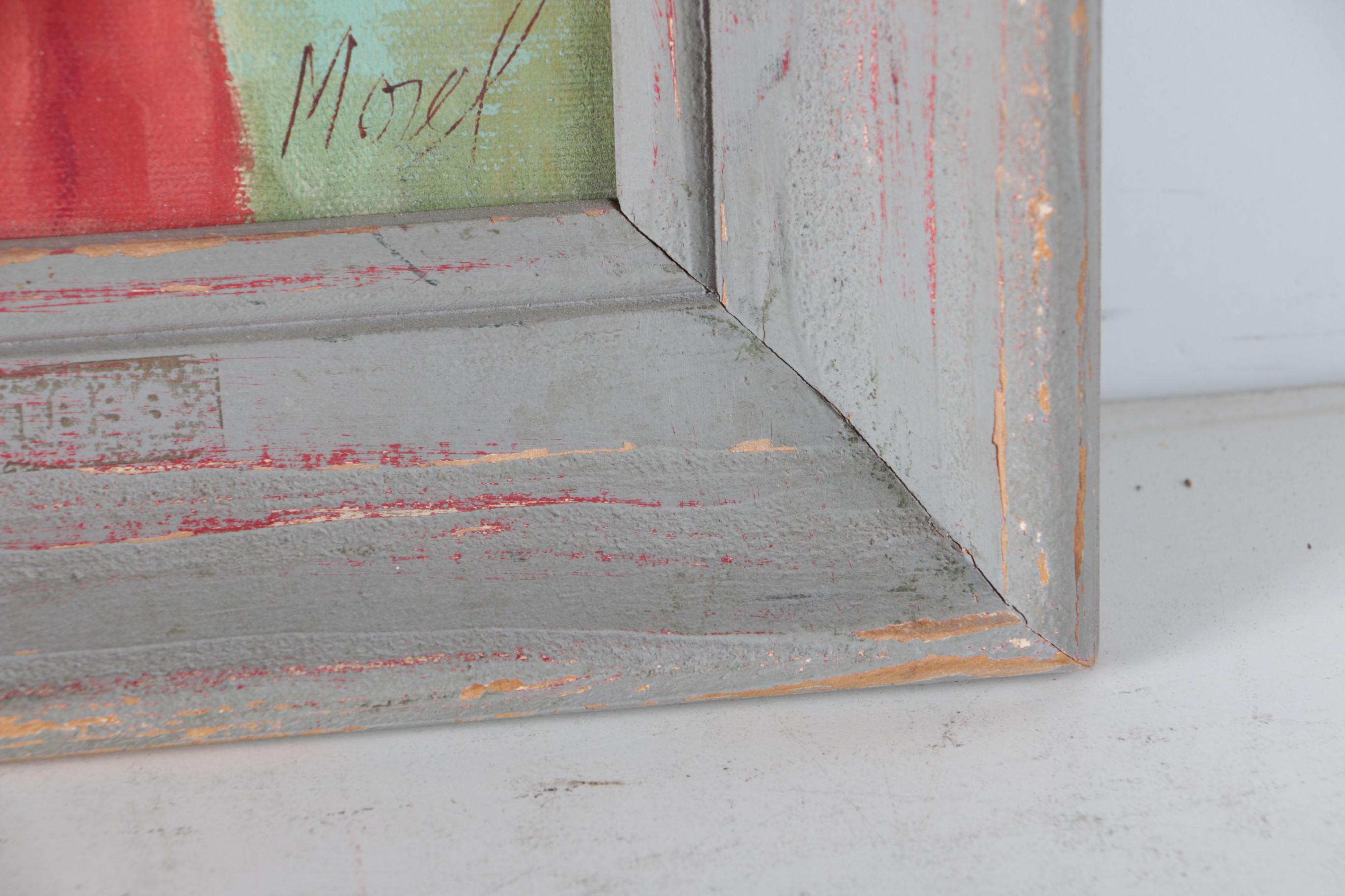 Morel Oil Painting on Canvas of Woman in Red Dress Against Wooded Backdrop