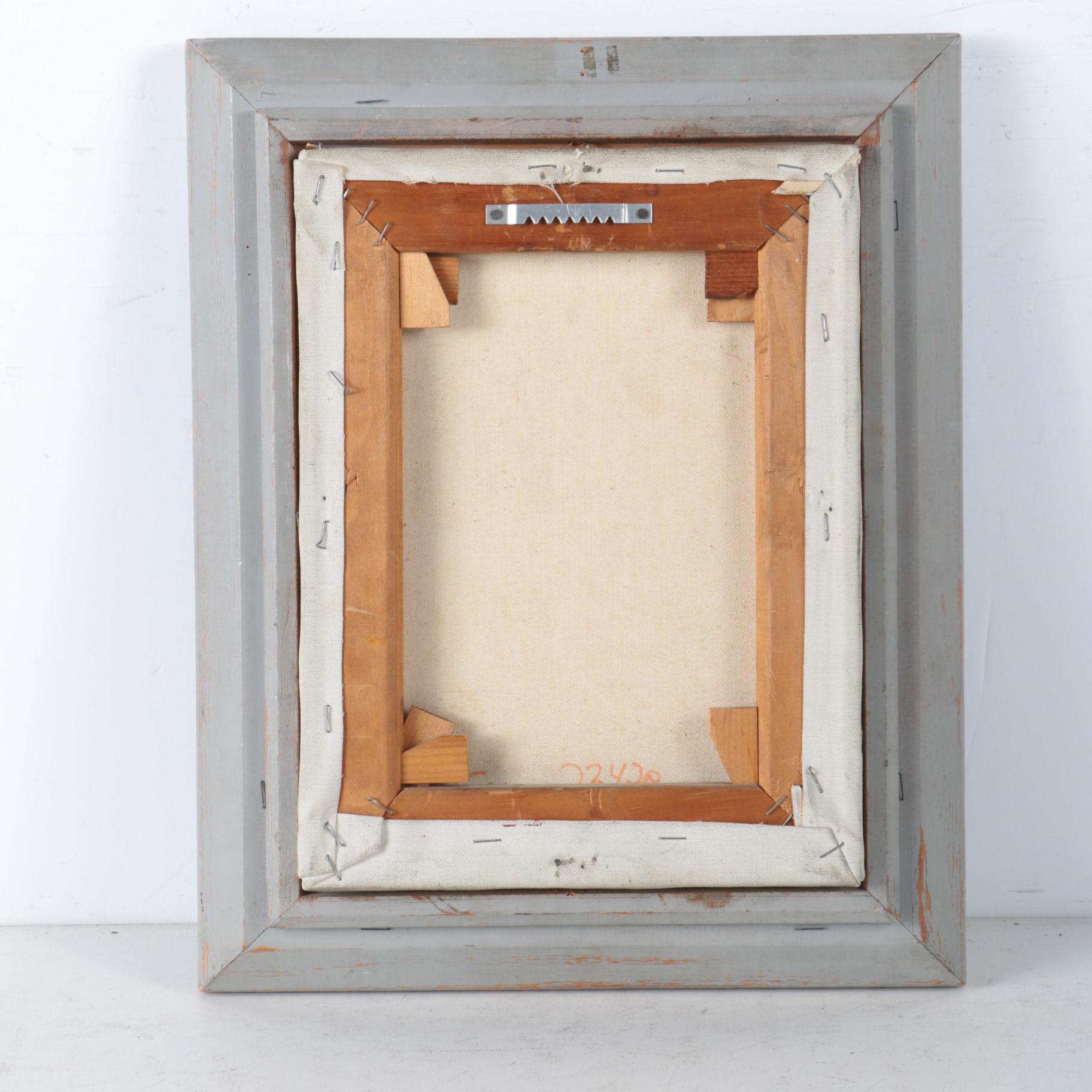 Morel Oil Painting on Canvas of Woman in Red Dress Against Wooded Backdrop