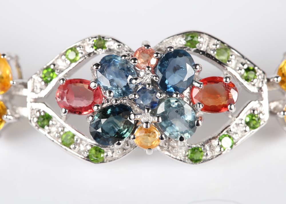 Sterling Silver Multi-Colored Sapphire, Tourmaline and Peridot Bracelet