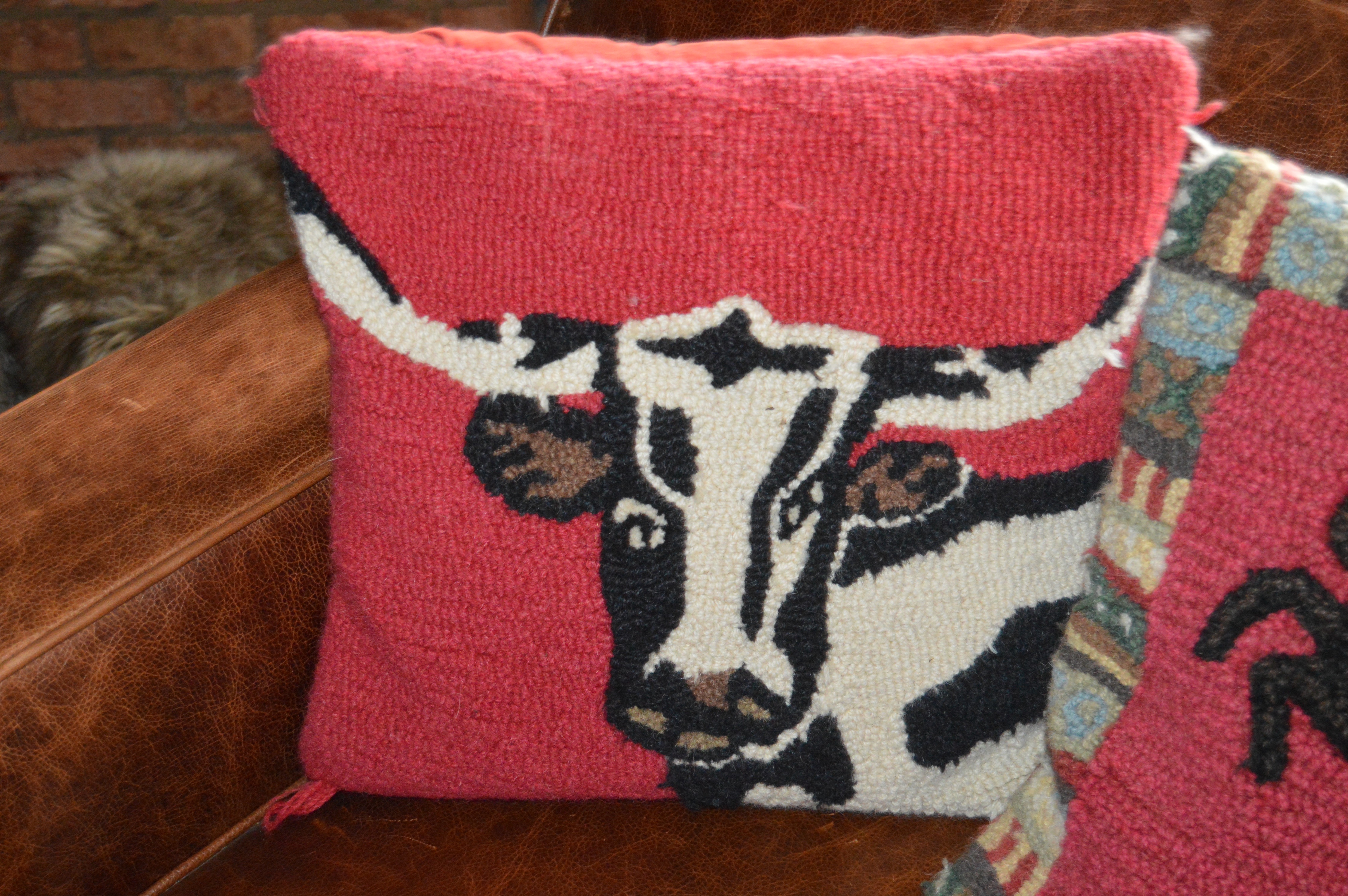 Needlepoint and Hand-Knotted Horse and Bovine Decorative Pillows