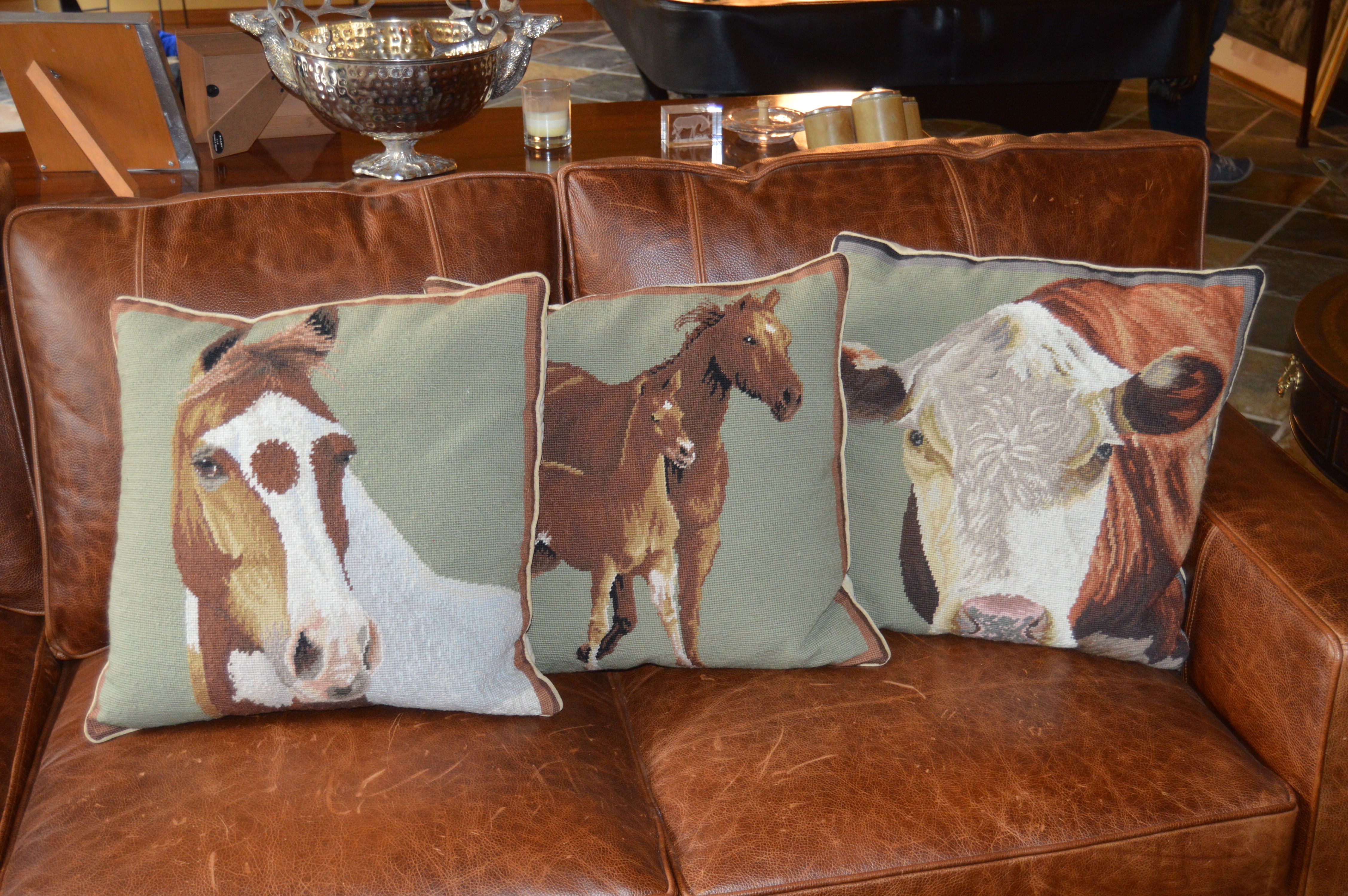 Needlepoint and Hand-Knotted Horse and Bovine Decorative Pillows